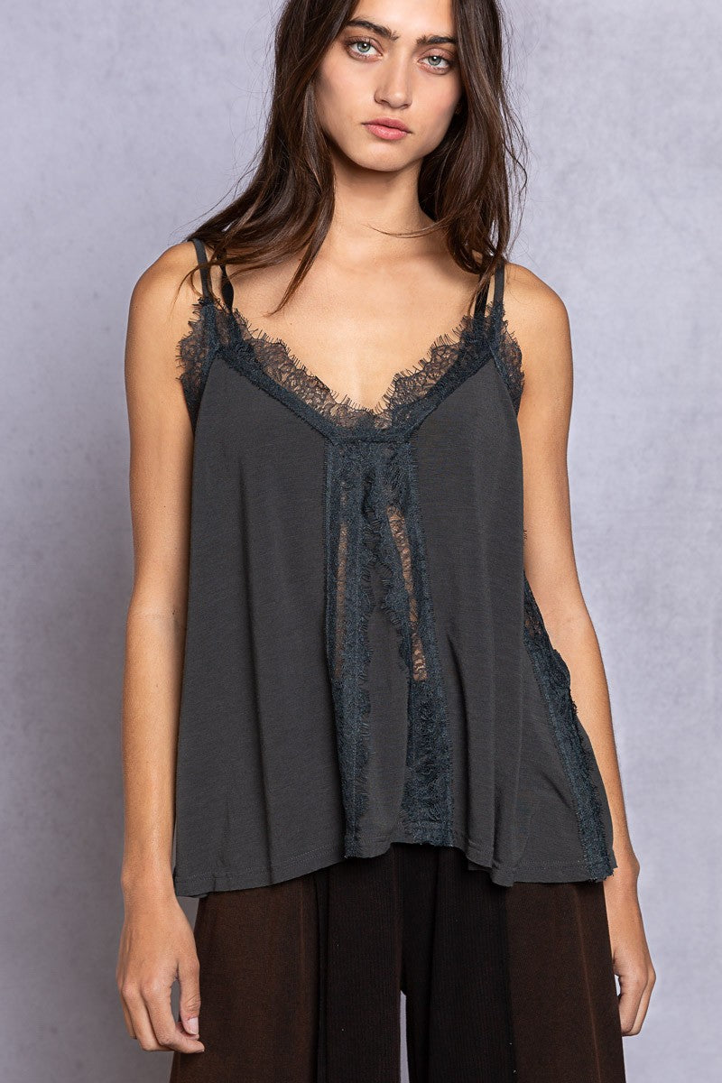 POL Lace Detail V-Neck Cami-TOPS / DRESSES-[Adult]-[Female]-Dark Gray-S-2022 Online Blue Zone Planet