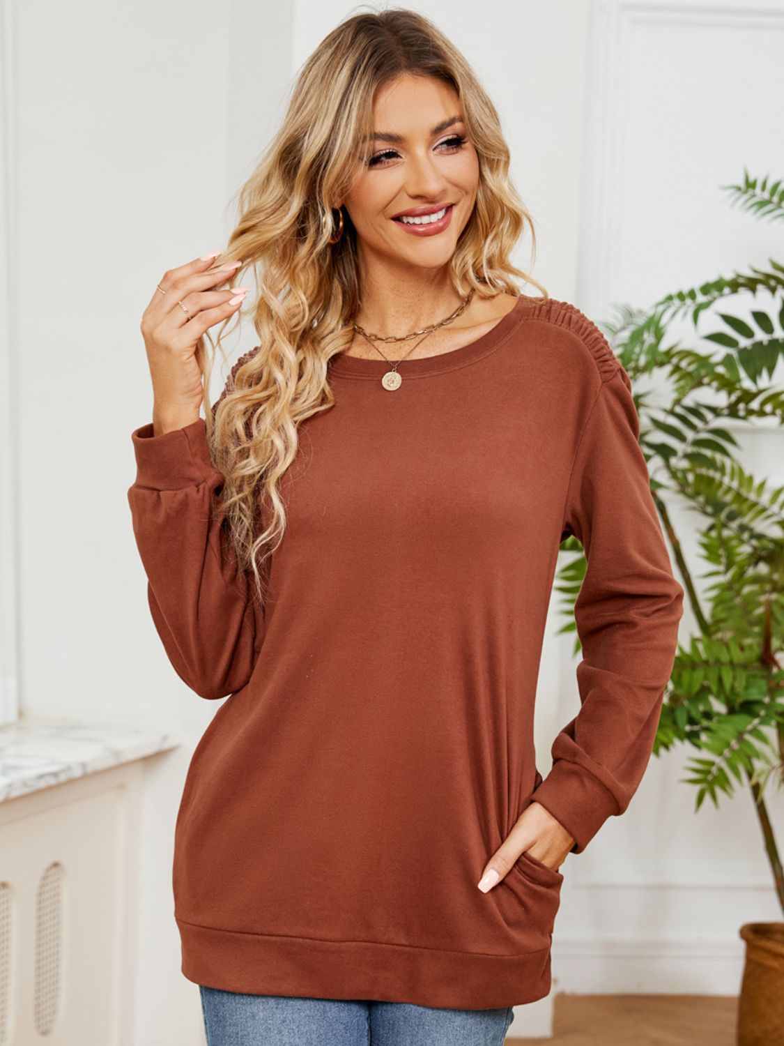 Ruched Shoulder Round Neck Long Sleeve Sweatshirt-TOPS / DRESSES-[Adult]-[Female]-Caramel-S-2022 Online Blue Zone Planet