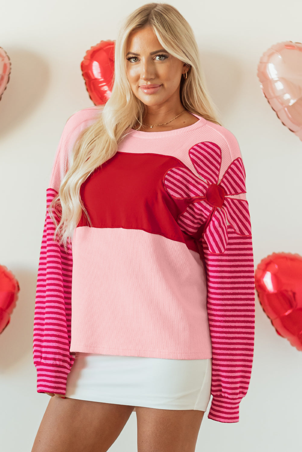 Blue Zone Planet | Pink Floral Patch Color Block Striped Sleeve Textured Top-Tops/Long Sleeve Tops-[Adult]-[Female]-2022 Online Blue Zone Planet