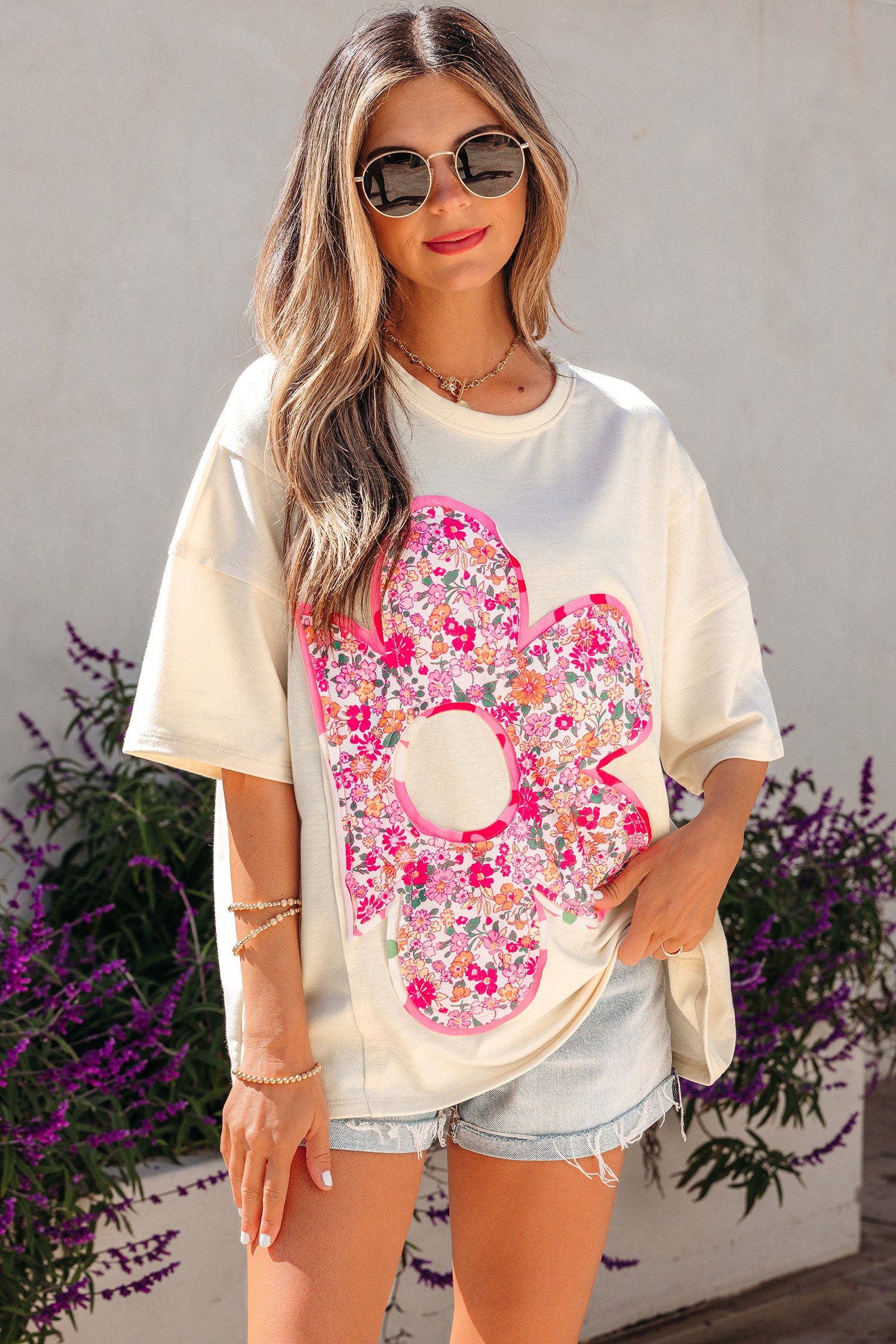 Jet Stream Floral Patched Raw Seam Big Flower Oversize Tee-Tops/Tops & Tees-[Adult]-[Female]-2022 Online Blue Zone Planet