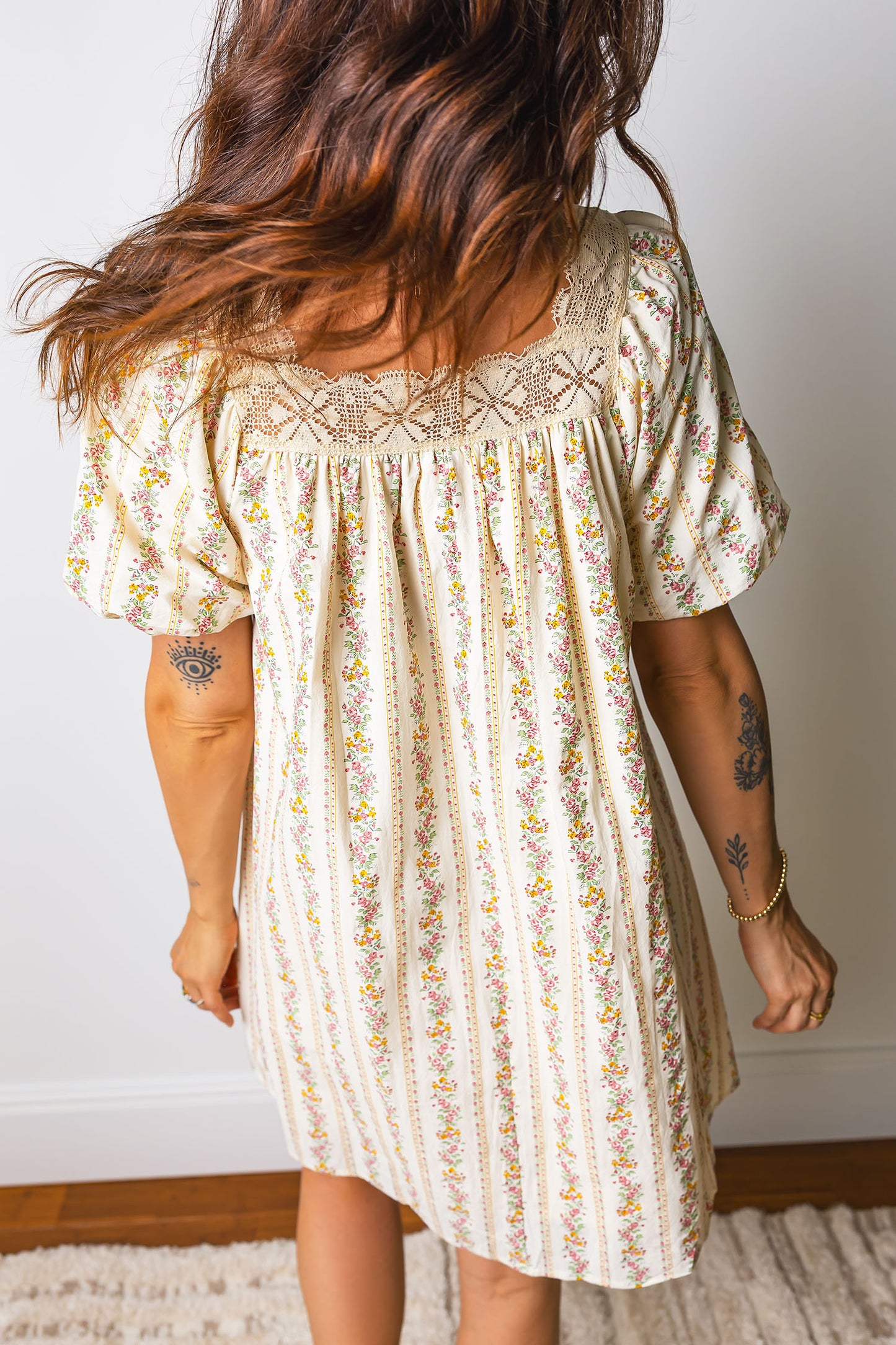 Multicolour Floral Print Contrast Ribbon Bow Lace Trim Square Neck Mini Dress-Dresses/Floral Dresses-[Adult]-[Female]-2022 Online Blue Zone Planet