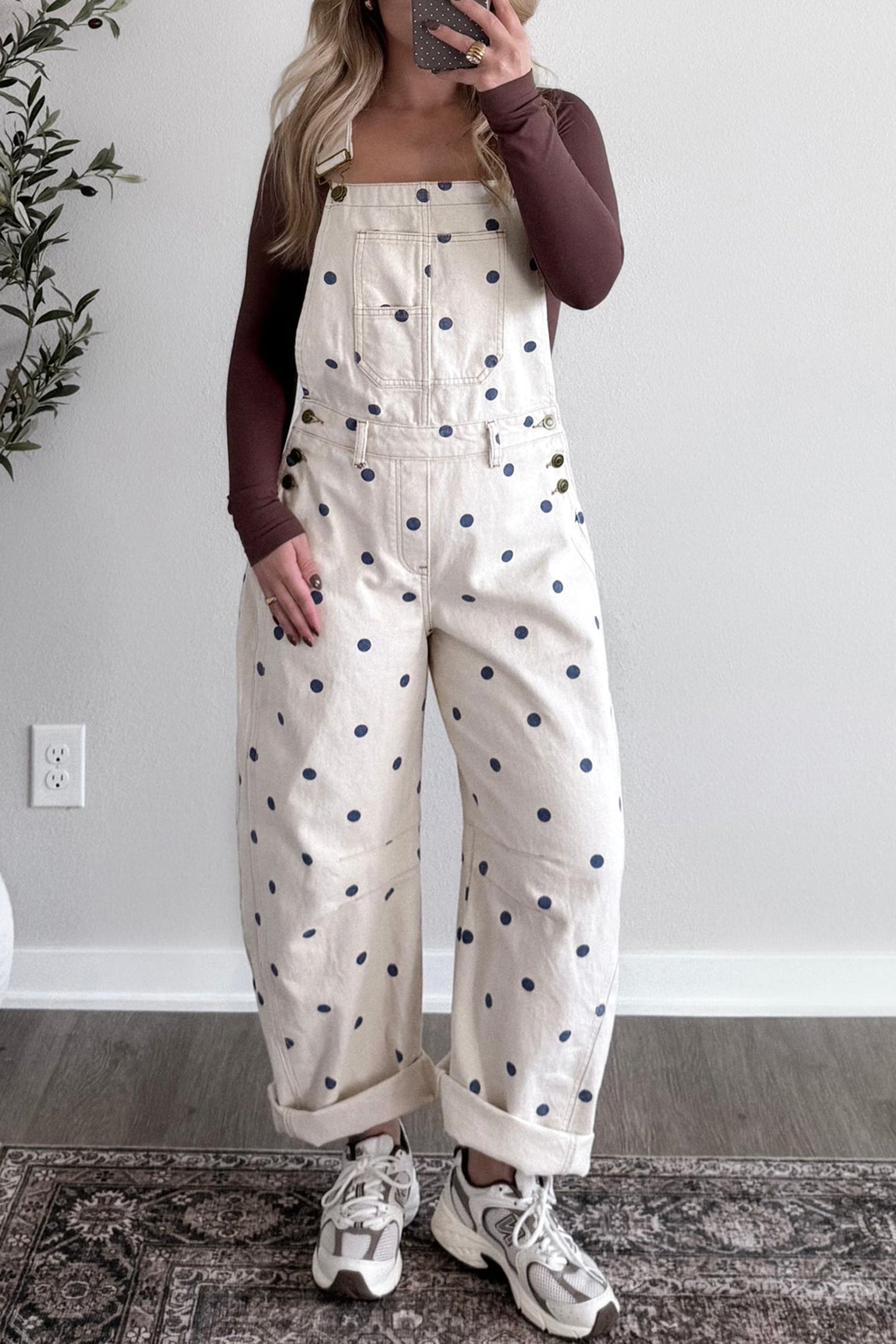 Jet Stream Polka Dot Print Bib Pocket Denim Barrel Overalls Jumpsuit-Bottoms/Jumpsuits & Rompers-[Adult]-[Female]-Jet Stream-S-2022 Online Blue Zone Planet