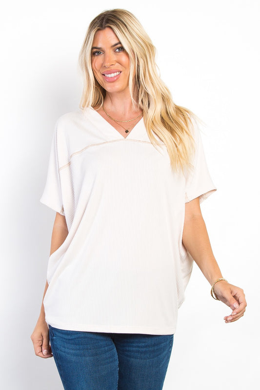 Blue Zone Planet | Be Stage Full Size V-Neck Short Sleeve Ribbed Top-TOPS / DRESSES-[Adult]-[Female]-Beige-S-2022 Online Blue Zone Planet