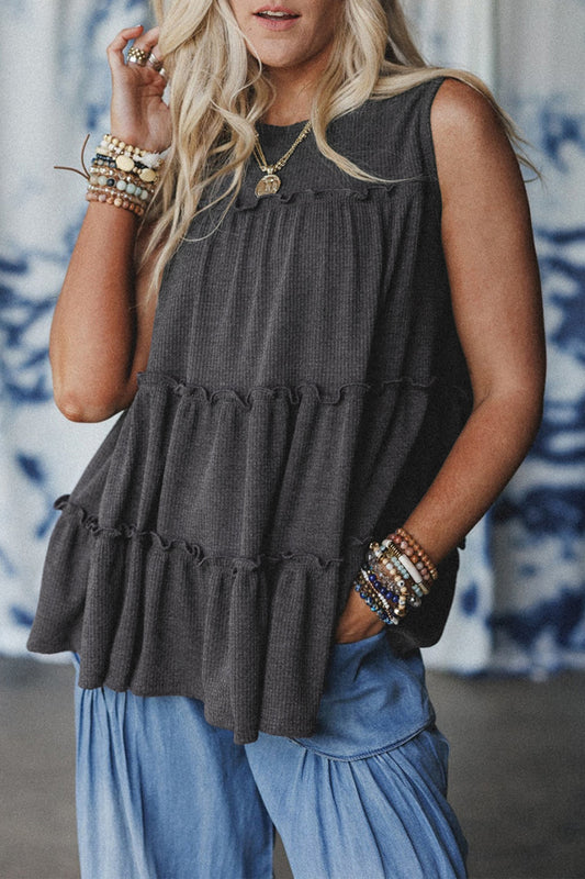 Dark Grey Tiered Frill Trim A-line Tank Top-Tops/Tank Tops-[Adult]-[Female]-Dark Grey-S-2022 Online Blue Zone Planet