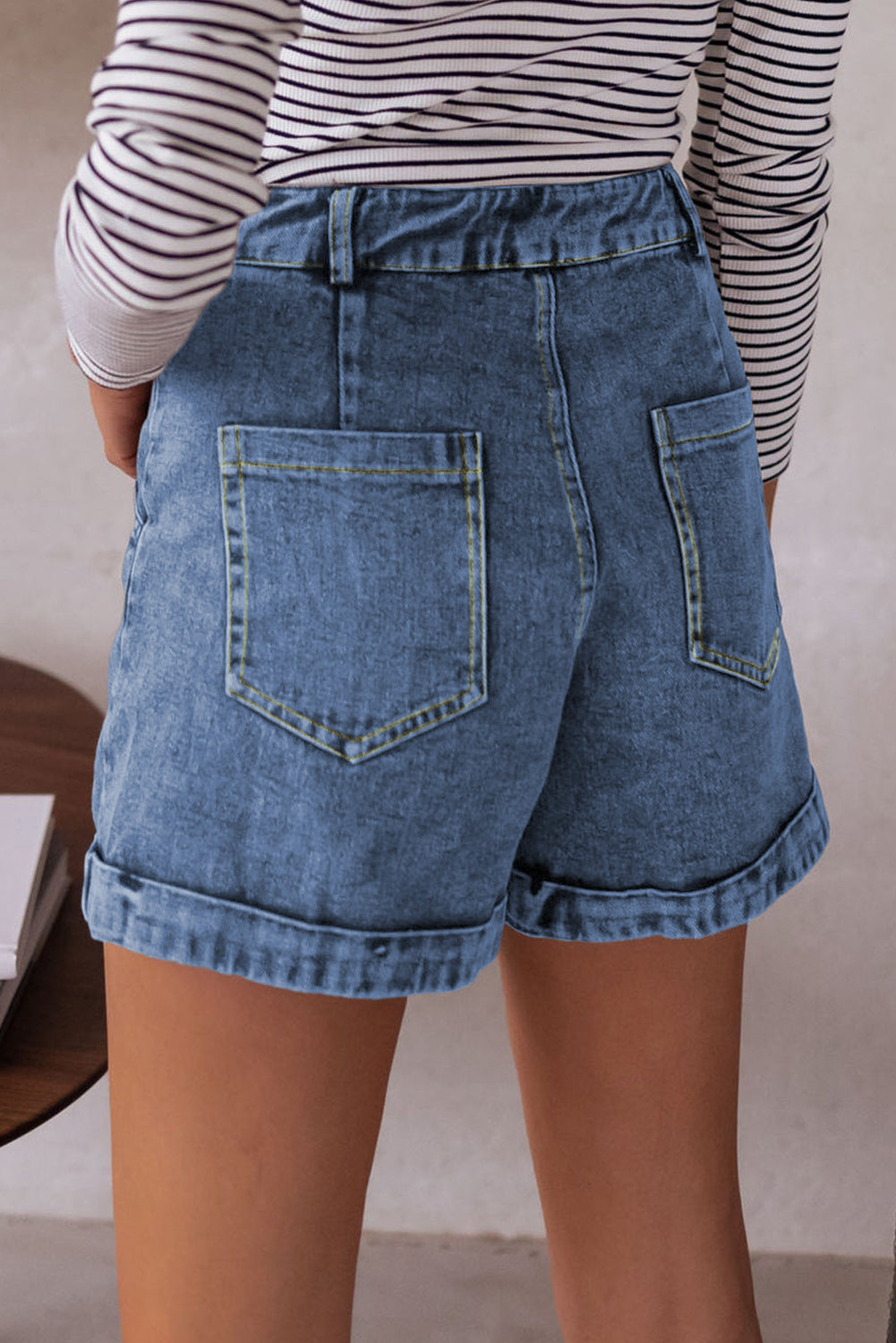 Ivy Seam Detail Pocketed Cuffed Hem Denim Shorts-Bottoms/Denim Shorts-[Adult]-[Female]-2022 Online Blue Zone Planet