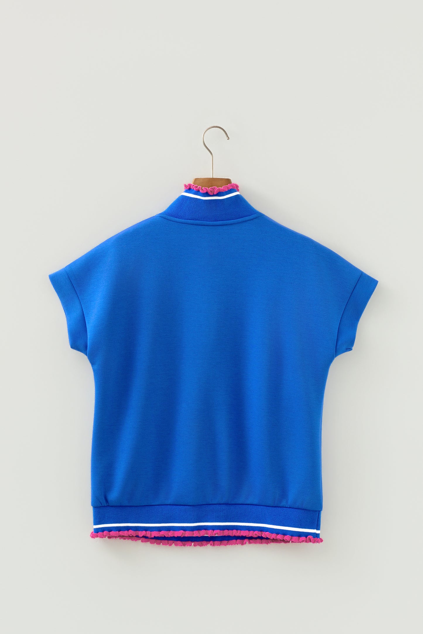 Sky Blue Contrast Frilled Trim Button Collared Short Sleeve Knit Top-Tops/Tops & Tees-[Adult]-[Female]-2022 Online Blue Zone Planet
