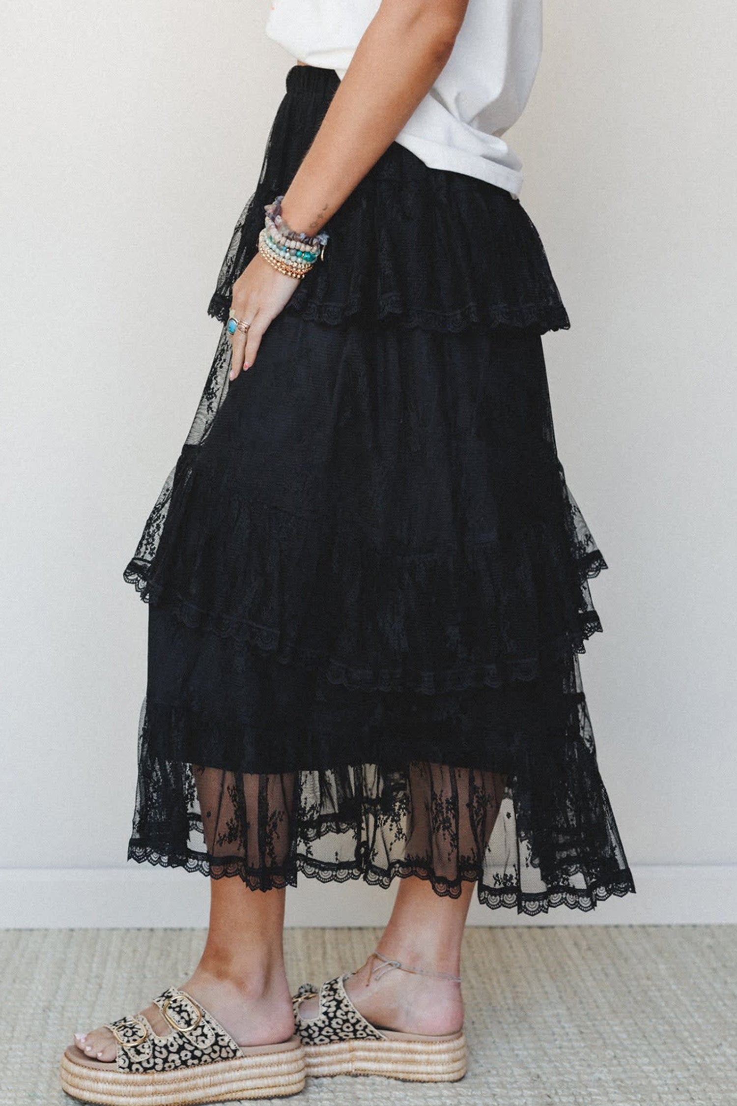Black Elegant Ruffle Lace Tiered Skirt-Bottoms/Skirts & Petticoat-[Adult]-[Female]-2022 Online Blue Zone Planet