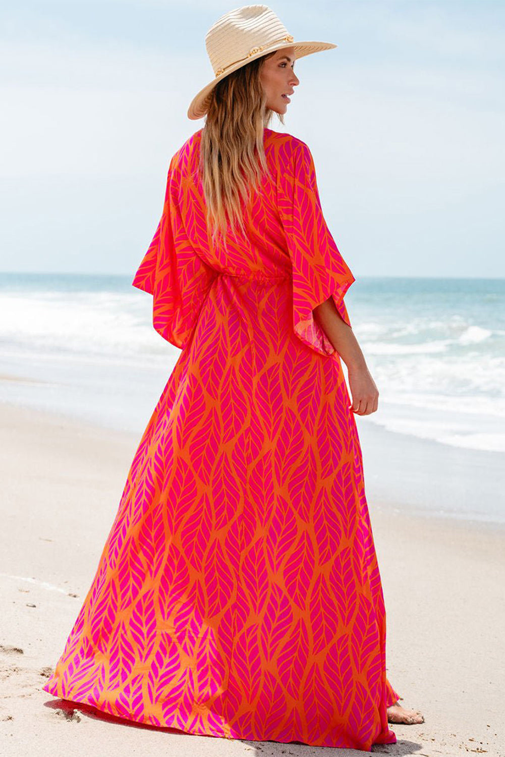 Blue Zone Planet | Orange Leafy Print 3/4 Sleeve V Neck Buttoned Split Maxi Dress-TOPS / DRESSES-[Adult]-[Female]-2022 Online Blue Zone Planet