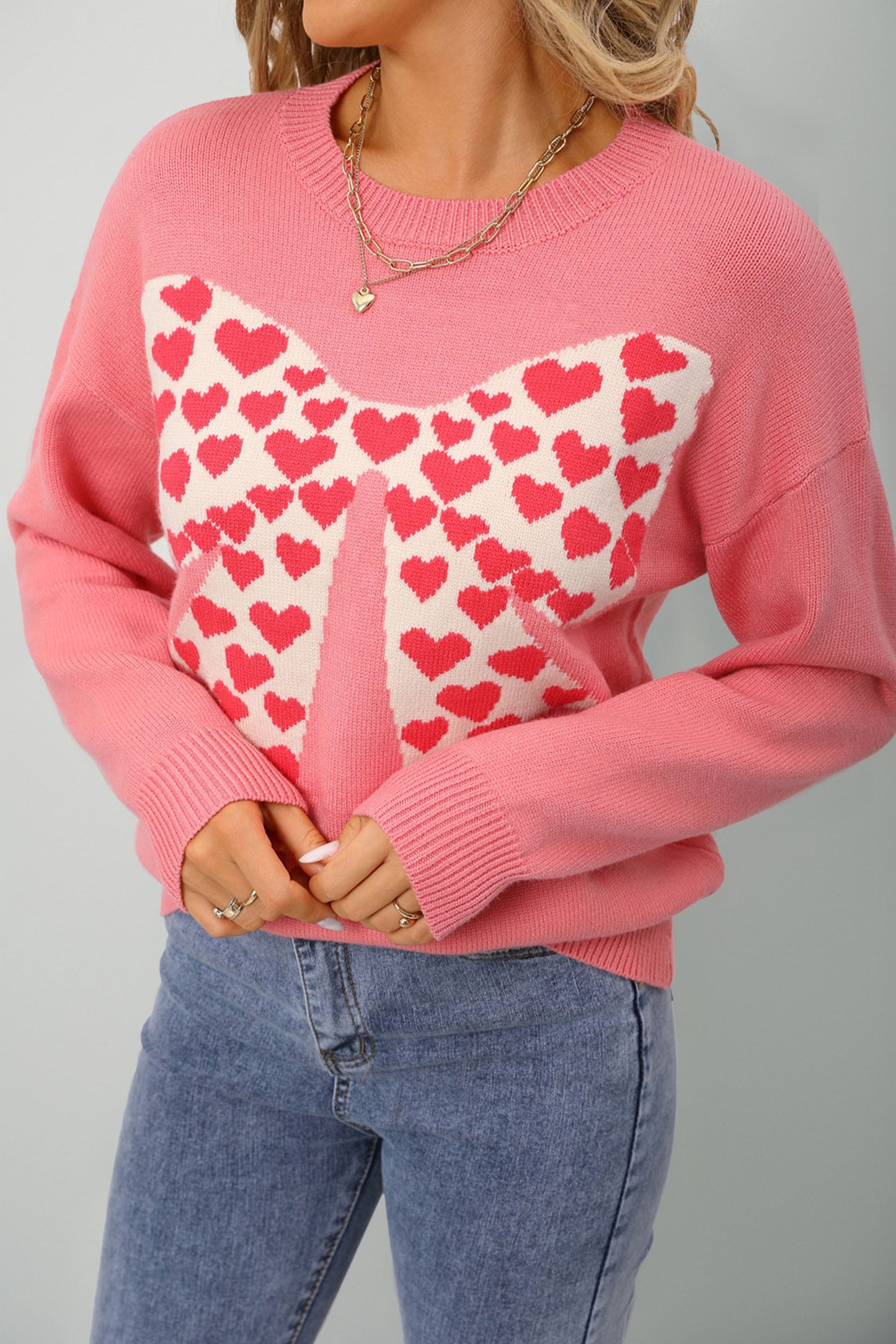 Dusty Pink Heart Bow Graphic Valentine Sweater-TOPS / DRESSES-[Adult]-[Female]-Dusty Pink-S-2022 Online Blue Zone Planet