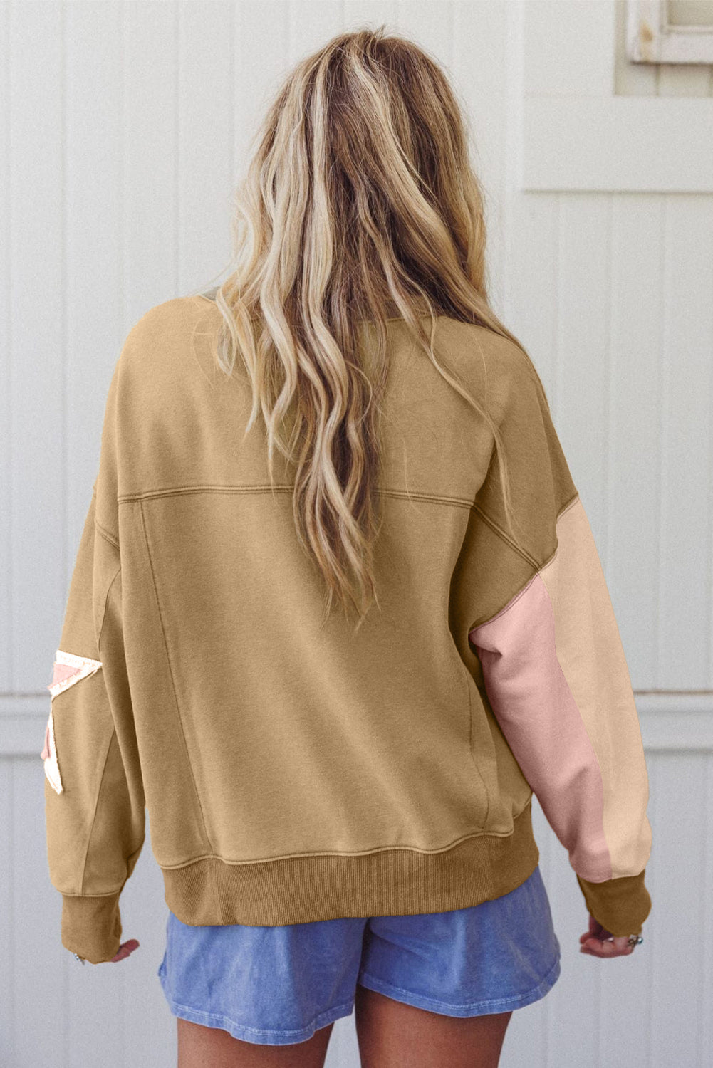 Sage Green Contrast Star Patchwork Exposed Seam Uneven Hem Drop Shoulder Sweatshirt-Tops/Sweatshirts & Hoodies-[Adult]-[Female]-2022 Online Blue Zone Planet