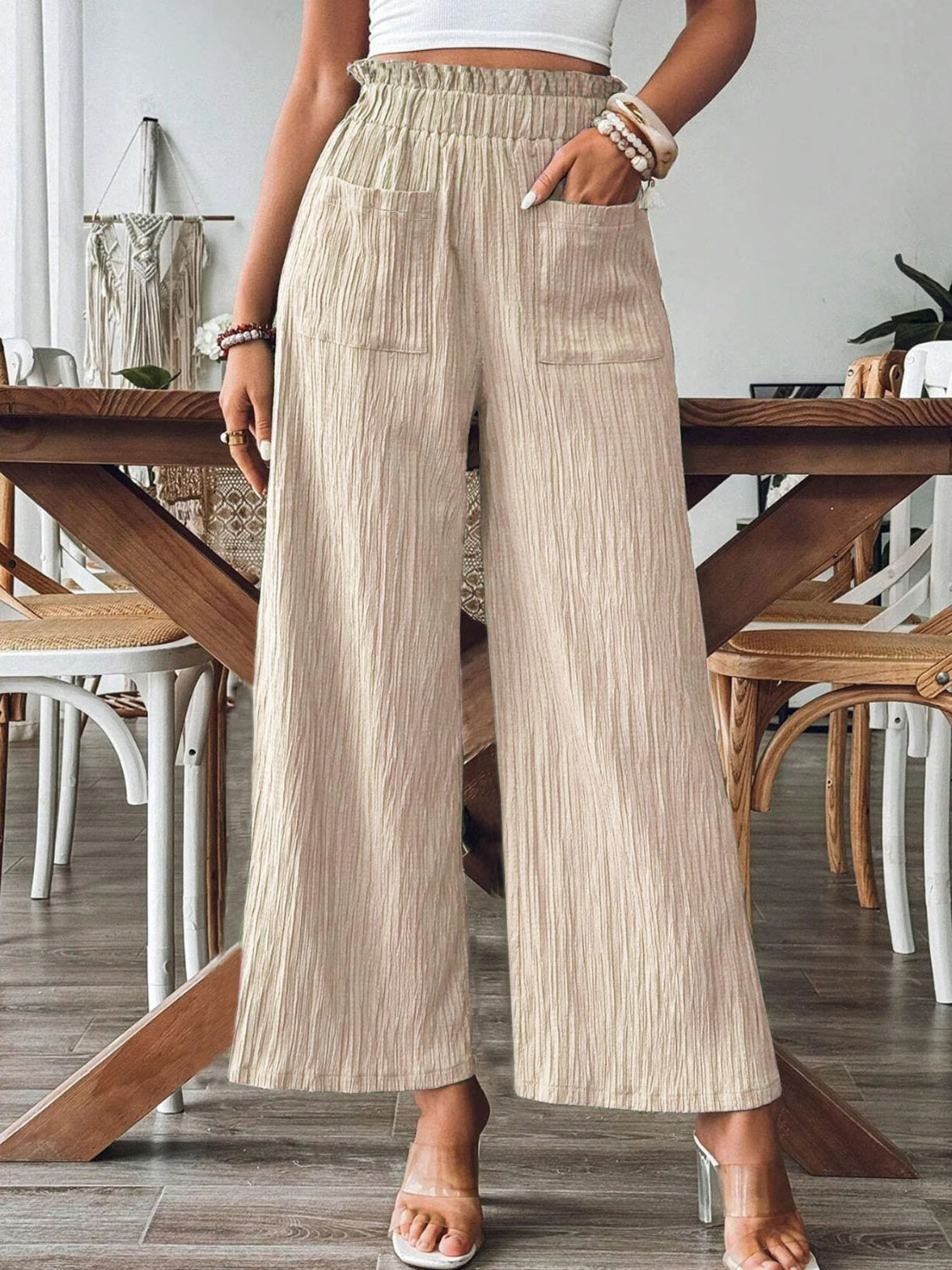 Frill Wide Leg Pants-BOTTOMS SIZES SMALL MEDIUM LARGE-[Adult]-[Female]-Khaki-S-2022 Online Blue Zone Planet