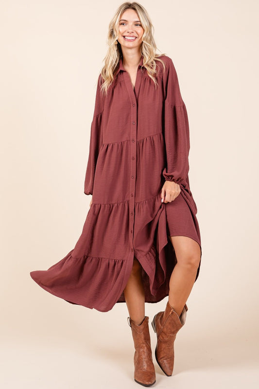 Blue Zone Planet | Mittoshop Tiered Button Down Long Sleeve Midi Dress-TOPS / DRESSES-[Adult]-[Female]-Sienna-S-2022 Online Blue Zone Planet