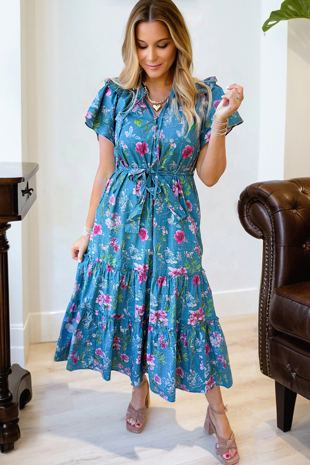 Blue Floral Flutter Sleeve Button Tie Split Neck Belted Long Dress-TOPS / DRESSES-[Adult]-[Female]-2022 Online Blue Zone Planet
