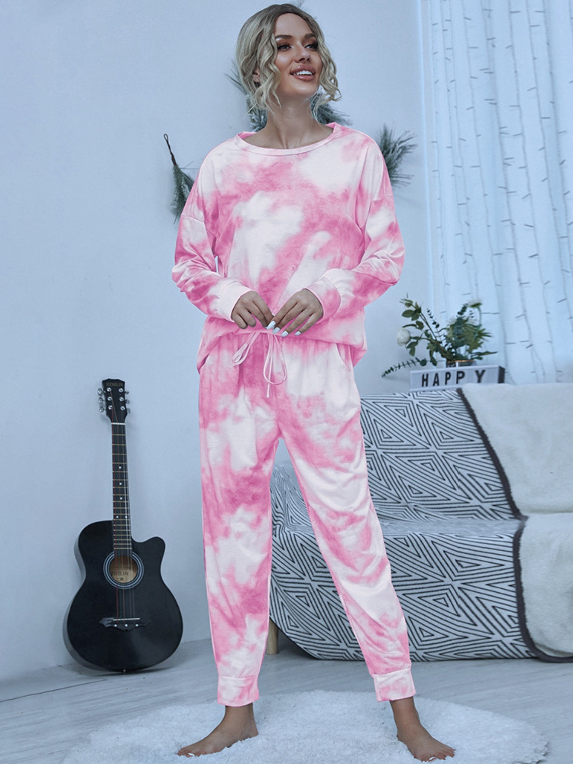 Shiny Tie-Dye Round Neck Top and Pants Lounge Set-TOPS / DRESSES-[Adult]-[Female]-Blush Pink-S-2022 Online Blue Zone Planet