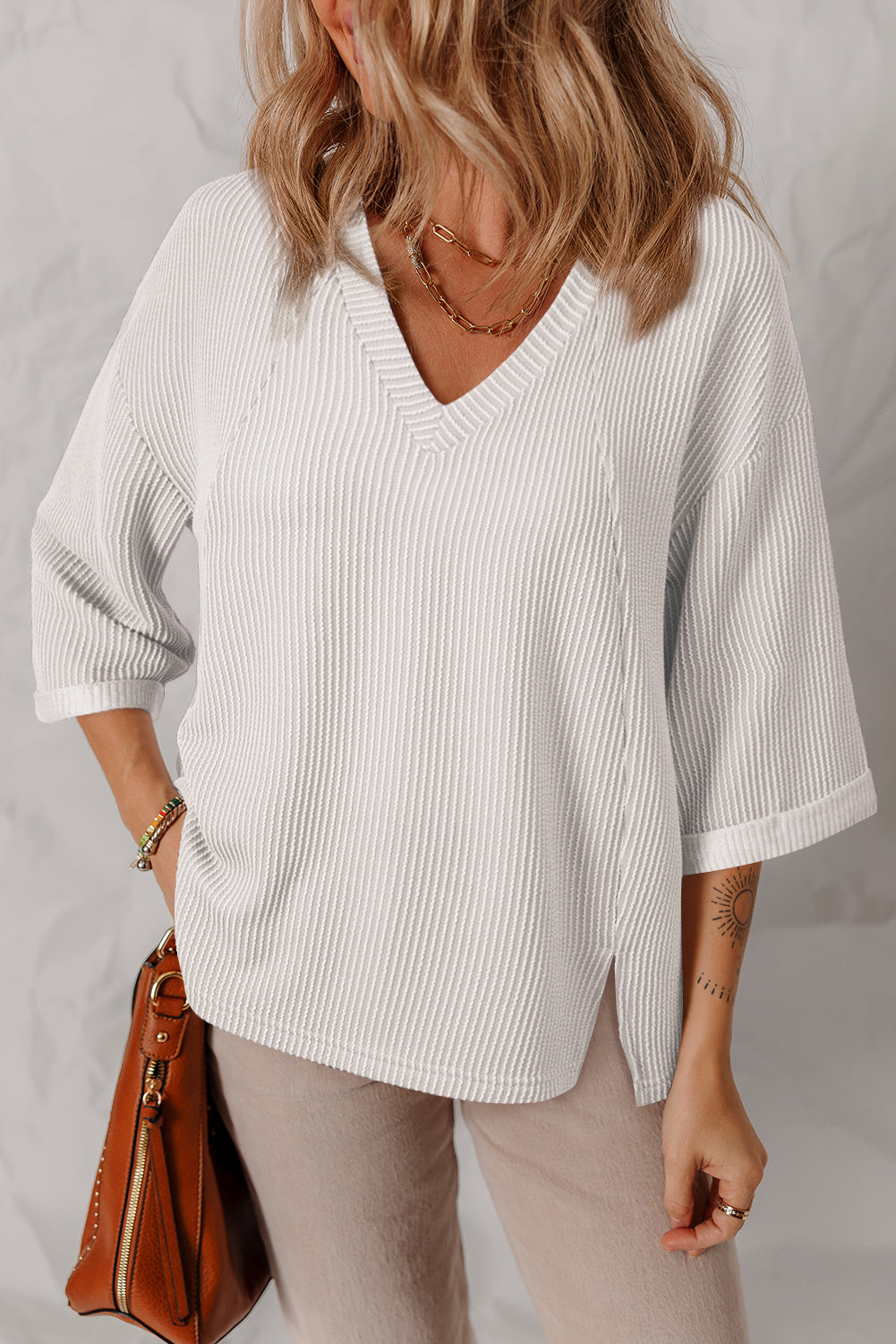 Blue Zone Planet | White Solid Color Corded Drop Shoulder 3/4 Sleeve V Neck Top-Tops/Long Sleeve Tops-[Adult]-[Female]-2022 Online Blue Zone Planet