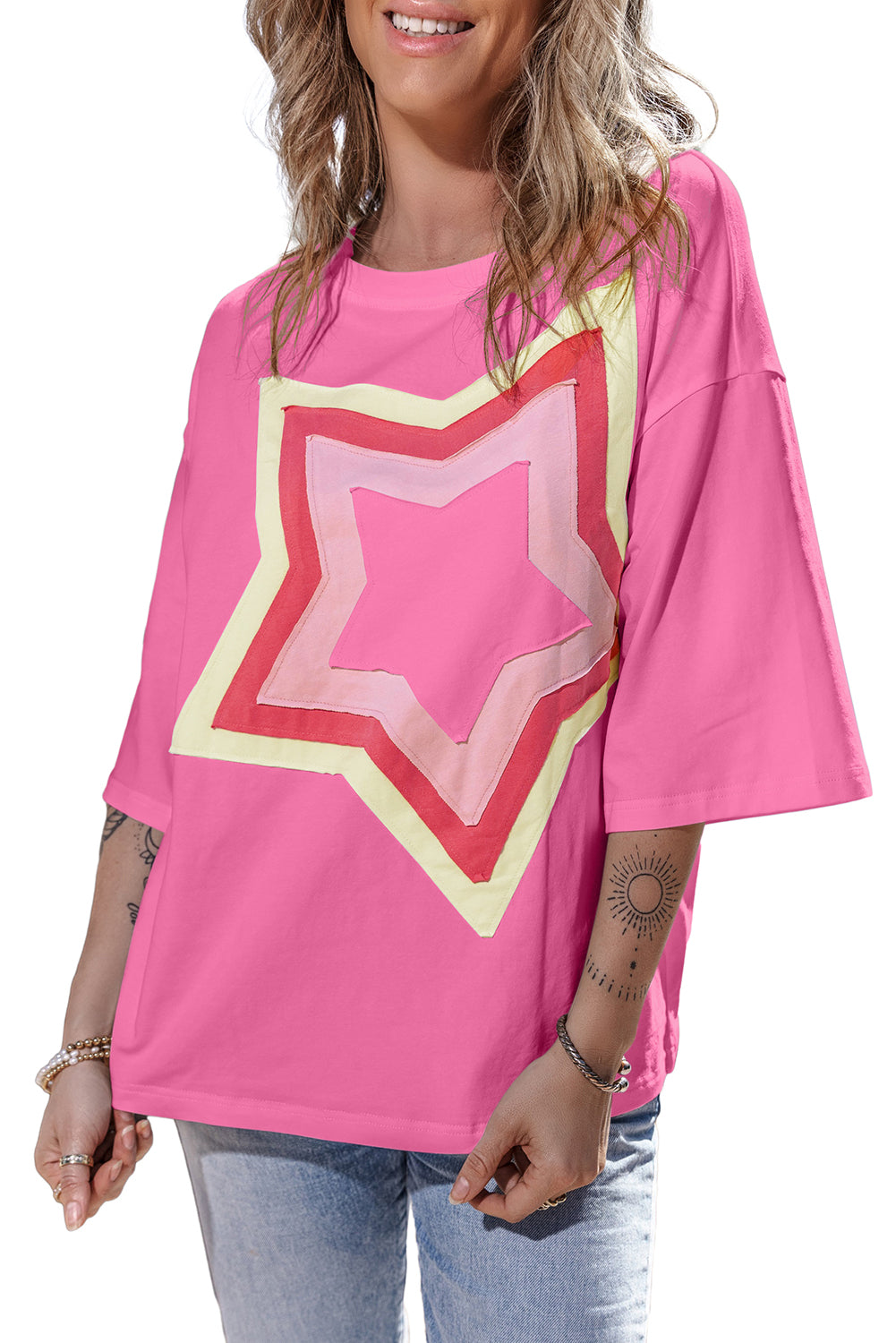 Moonlight Jade Colorblock Star Patched Half Sleeve Oversized Tee-Tops/Tops & Tees-[Adult]-[Female]-2022 Online Blue Zone Planet