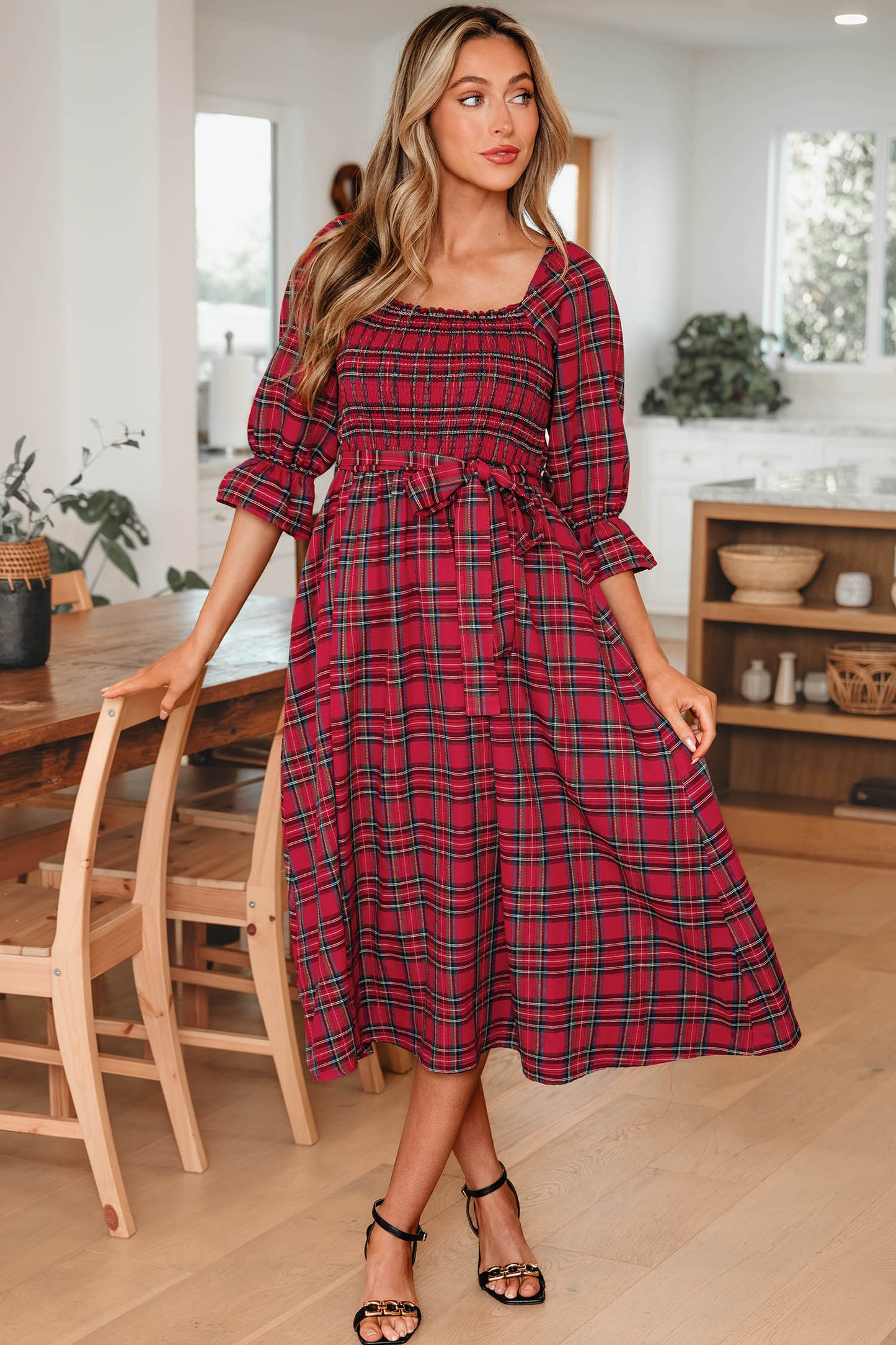 Red Tartan Plaid Square Neck Puff Sleeve Knot Waist Flared Midi Dress-TOPS / DRESSES-[Adult]-[Female]-2022 Online Blue Zone Planet