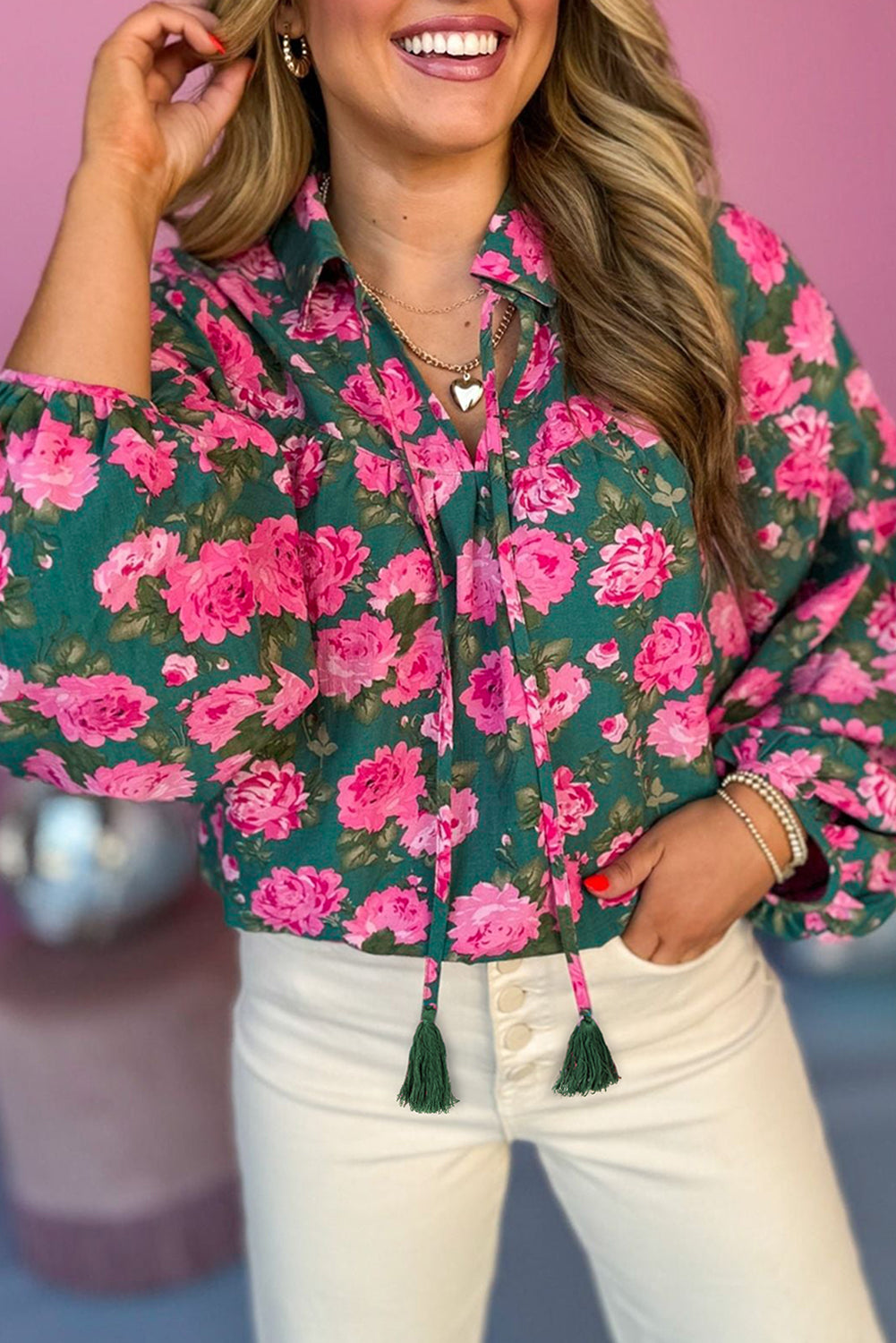 Green Floral Print Collared Puff Sleeve Blouse-Blouses-[Adult]-[Female]-Green-S-2022 Online Blue Zone Planet