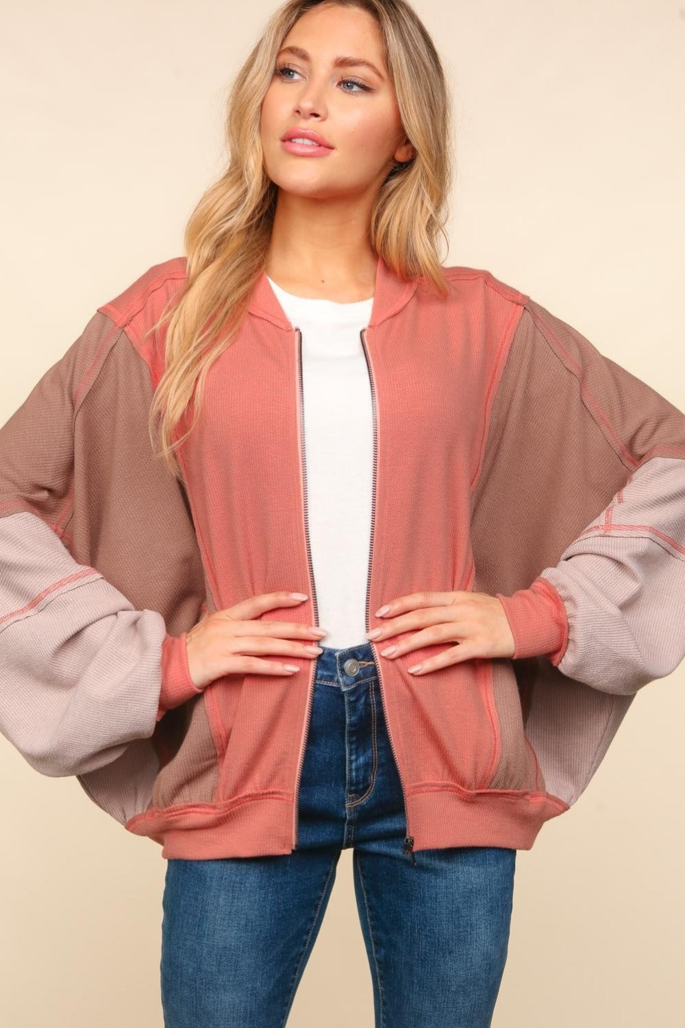 Haptics Zip Up Color Block Bomber Jacket with Side Pockets-TOPS / DRESSES-[Adult]-[Female]-2022 Online Blue Zone Planet