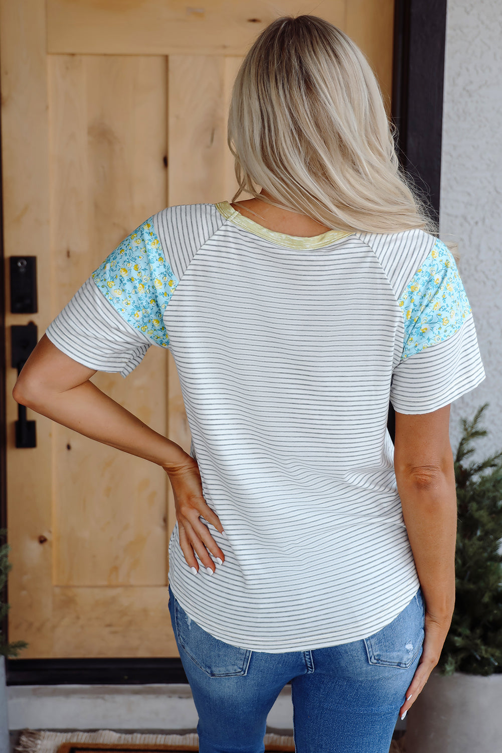 White Stripe Floral Insert Sleeves Contrast Round Neck Tee-Tops/Tops & Tees-[Adult]-[Female]-2022 Online Blue Zone Planet