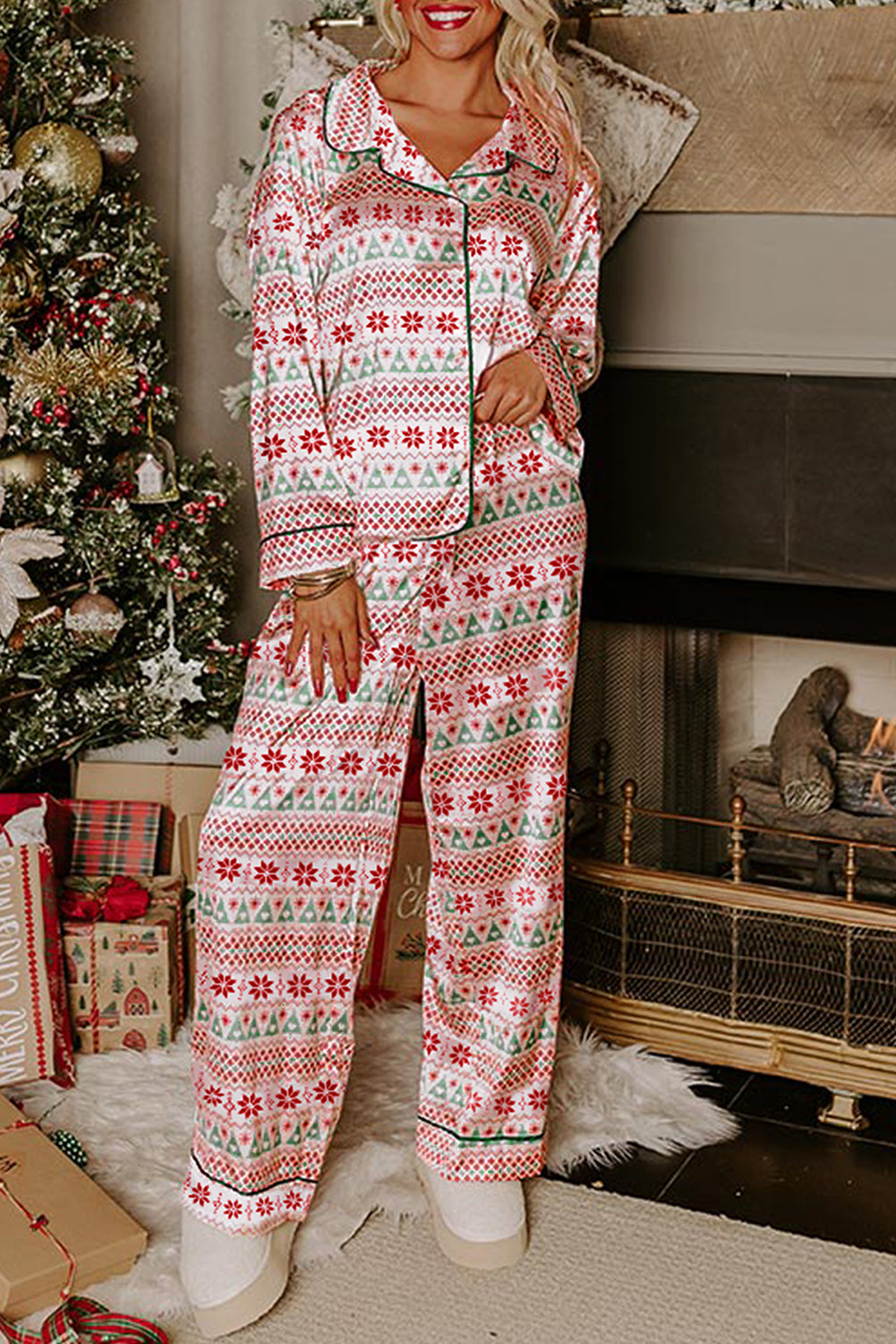 White Christmas Pattern Print Shirt Style Long 2pcs Pajama Set-Loungewear Set-[Adult]-[Female]-White-L-2022 Online Blue Zone Planet
