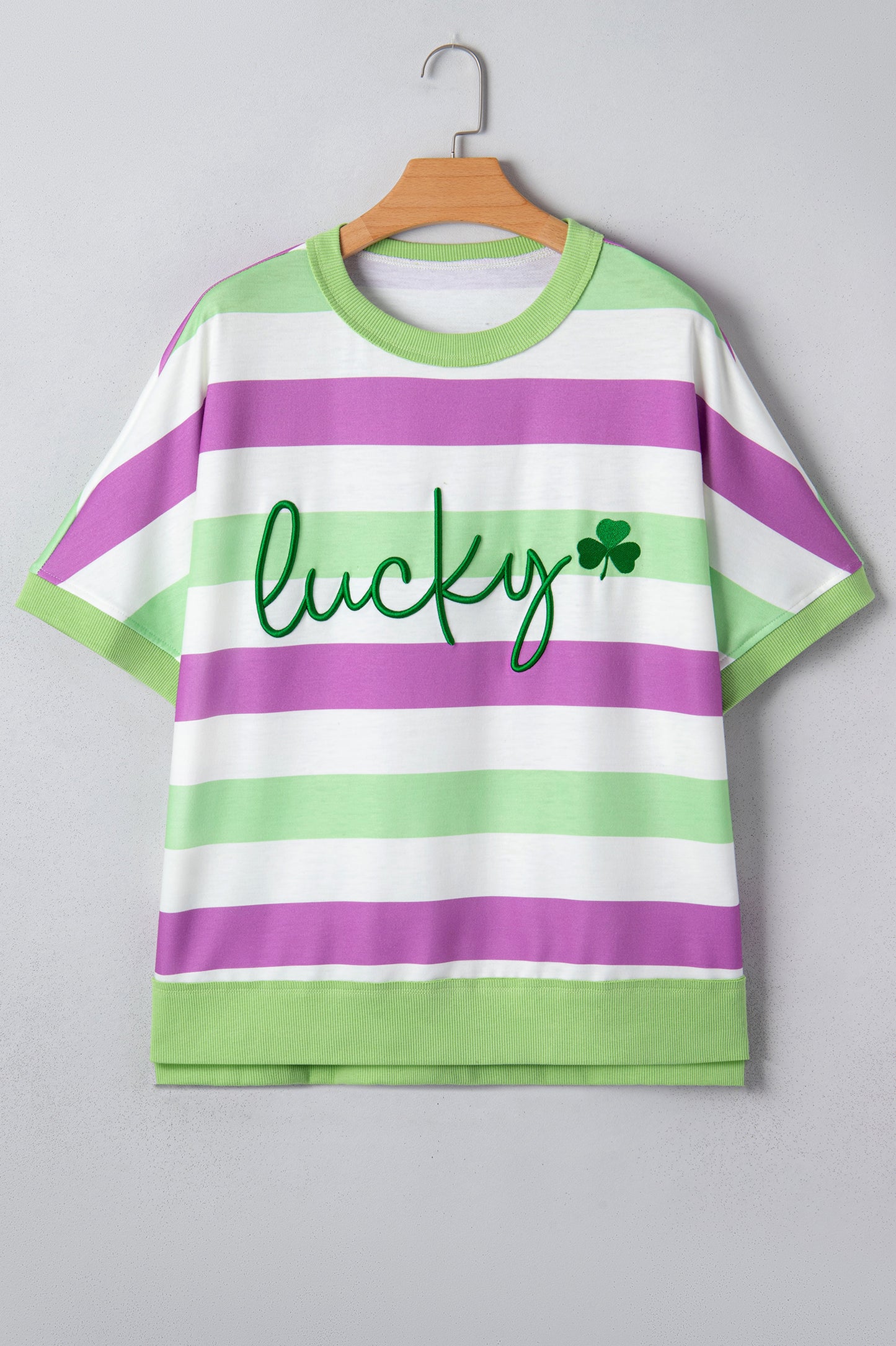 Green Stripe Lucky Clover Embroidered Graphic Dolman Loose Tee-Tops/Tops & Tees-[Adult]-[Female]-2022 Online Blue Zone Planet