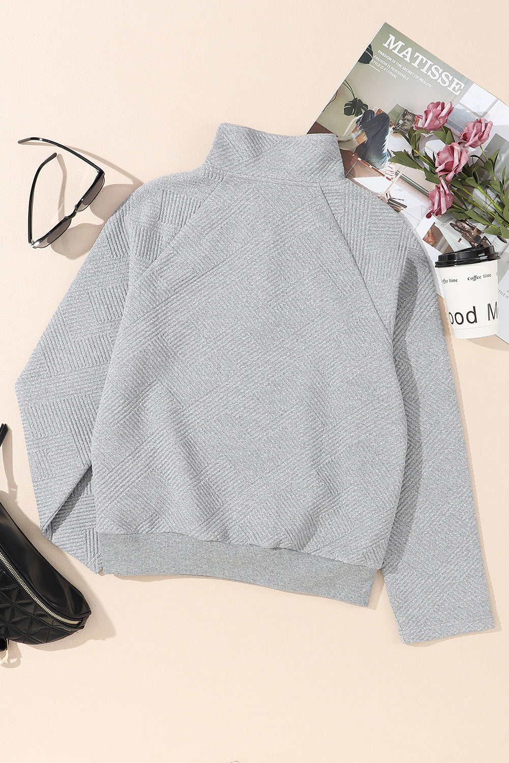 Light Grey Textured Knit Buttoned Kangaroo Pocket Sweatshirt-Tops/Sweatshirts & Hoodies-[Adult]-[Female]-2022 Online Blue Zone Planet