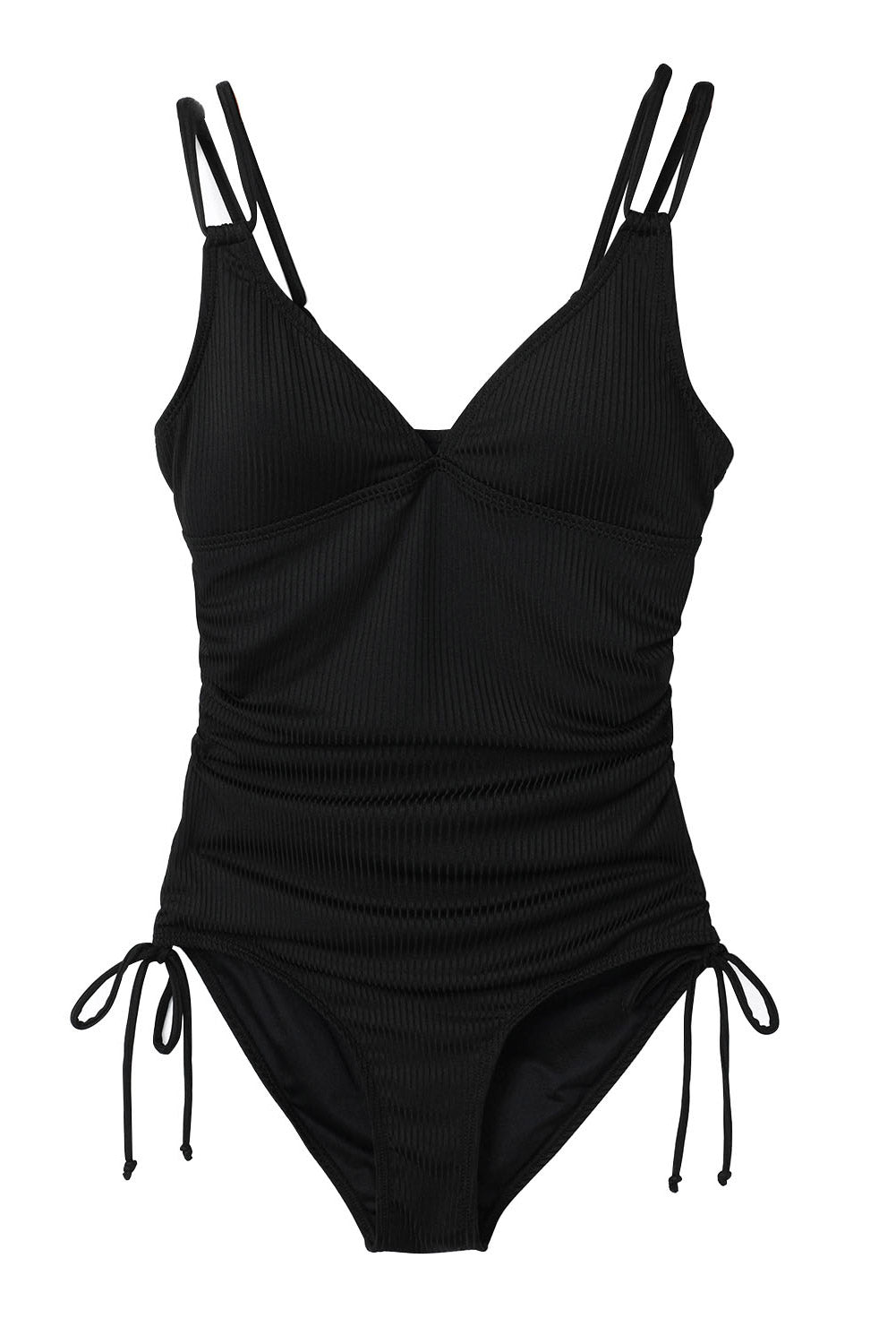 Blue Zone Planet |  Black Adjustable Straps Ribbed Knit One Piece Swimsuit Blue Zone Planet