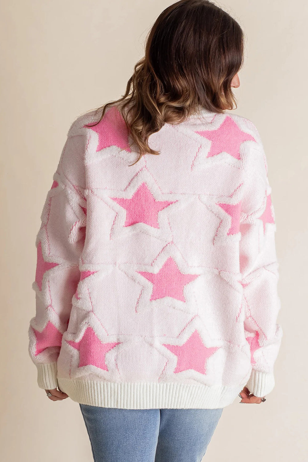 Sachet Pink Oversized Cute Star Pattern Ribbed Edge Drop Shoulder Sweater-Sweaters & Cardigans/Sweaters-[Adult]-[Female]-2022 Online Blue Zone Planet