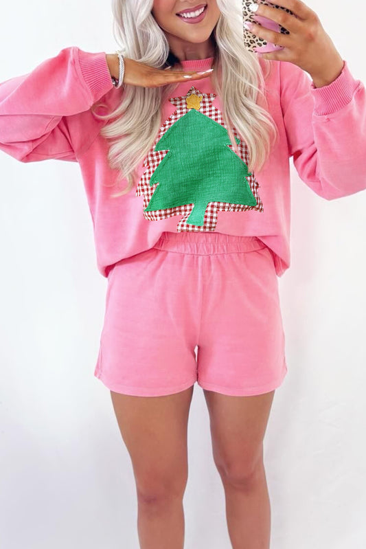 Sachet Pink Plaid Contrasted Double Christmas Tree Patched Raglan Sleeve Pullover 2pcs Short Set-Two Piece Sets/Short Sets-[Adult]-[Female]-Sachet Pink-S-2022 Online Blue Zone Planet