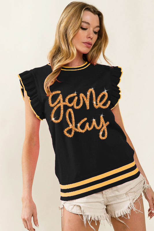 BiBi Game Day Letter Contrast Trim Ruffled Sleeveless Sweater-TOPS / DRESSES-[Adult]-[Female]-Black/Gold-S-2022 Online Blue Zone Planet