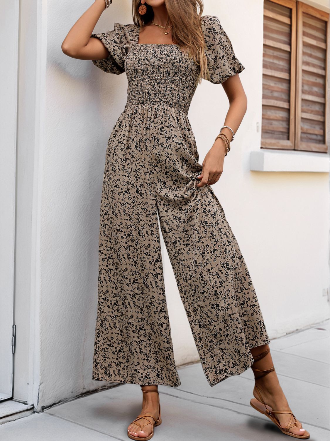 Perfee Smocked Printed Square Neck Puff Sleeve Jumpsuit-TOPS / DRESSES-[Adult]-[Female]-2022 Online Blue Zone Planet