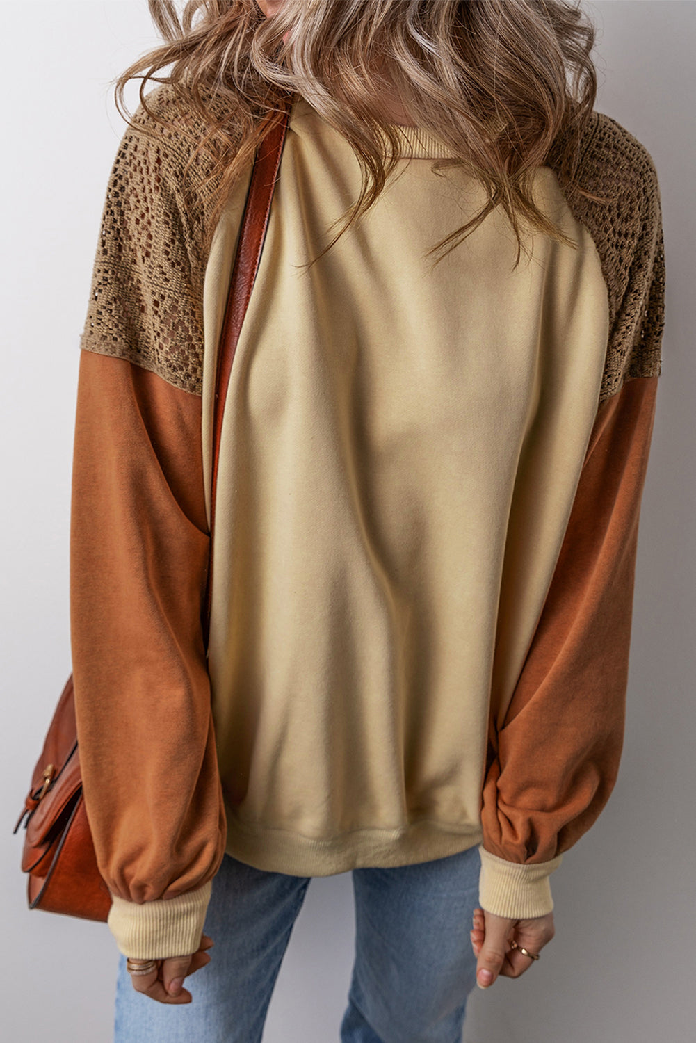 Khaki Lace Patchwork Colorblock Drop Shoulder Sweatshirt-Tops/Sweatshirts & Hoodies-[Adult]-[Female]-Khaki-S-2022 Online Blue Zone Planet