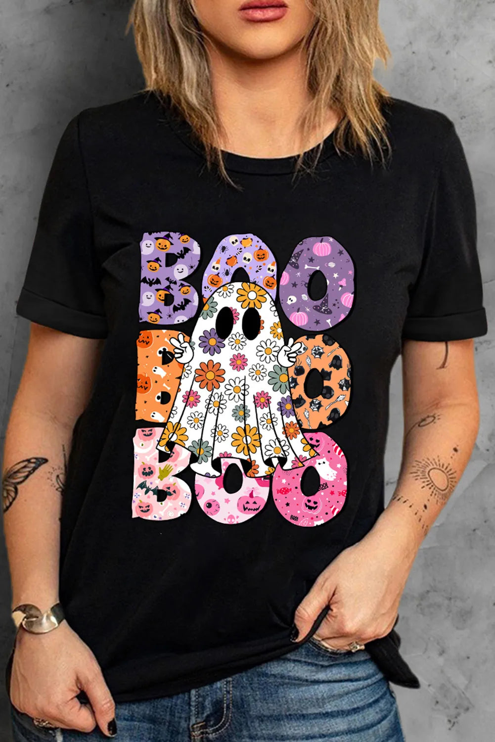 BOO Ghost Graphic Round Neck Short Sleeve T-Shirt-TOPS / DRESSES-[Adult]-[Female]-Black-S-2022 Online Blue Zone Planet