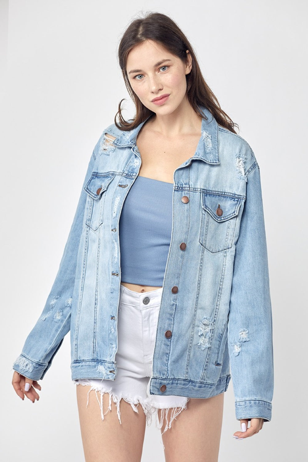 RISEN Full Size Distressed Long Sleeve Denim Jacket-TOPS / DRESSES-[Adult]-[Female]-Light-S-2022 Online Blue Zone Planet