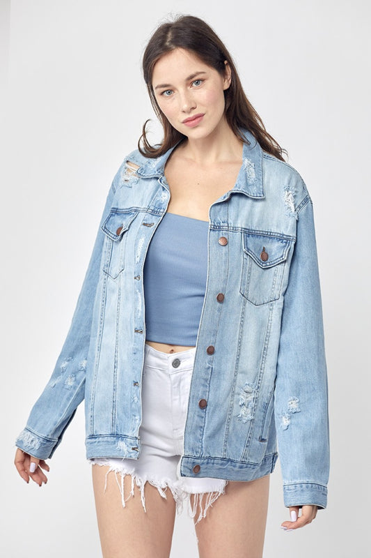 RISEN Full Size Distressed Long Sleeve Denim Jacket-TOPS / DRESSES-[Adult]-[Female]-Light-S-2022 Online Blue Zone Planet