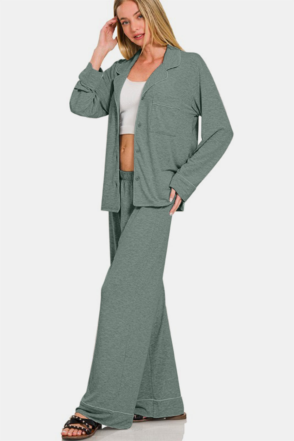 Blue Zone Planet | Zenana Button Down Long Sleeve Top and Pants Lounge Set-TOPS / DRESSES-[Adult]-[Female]-2022 Online Blue Zone Planet