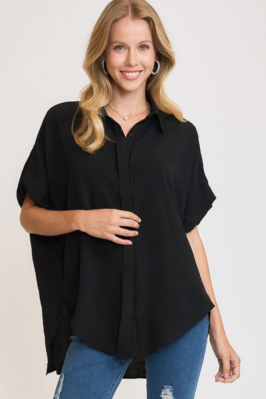 Umgee Full Size High-Low Button Up Short Sleeve Shirt-TOPS / DRESSES-[Adult]-[Female]-Black-S-2022 Online Blue Zone Planet