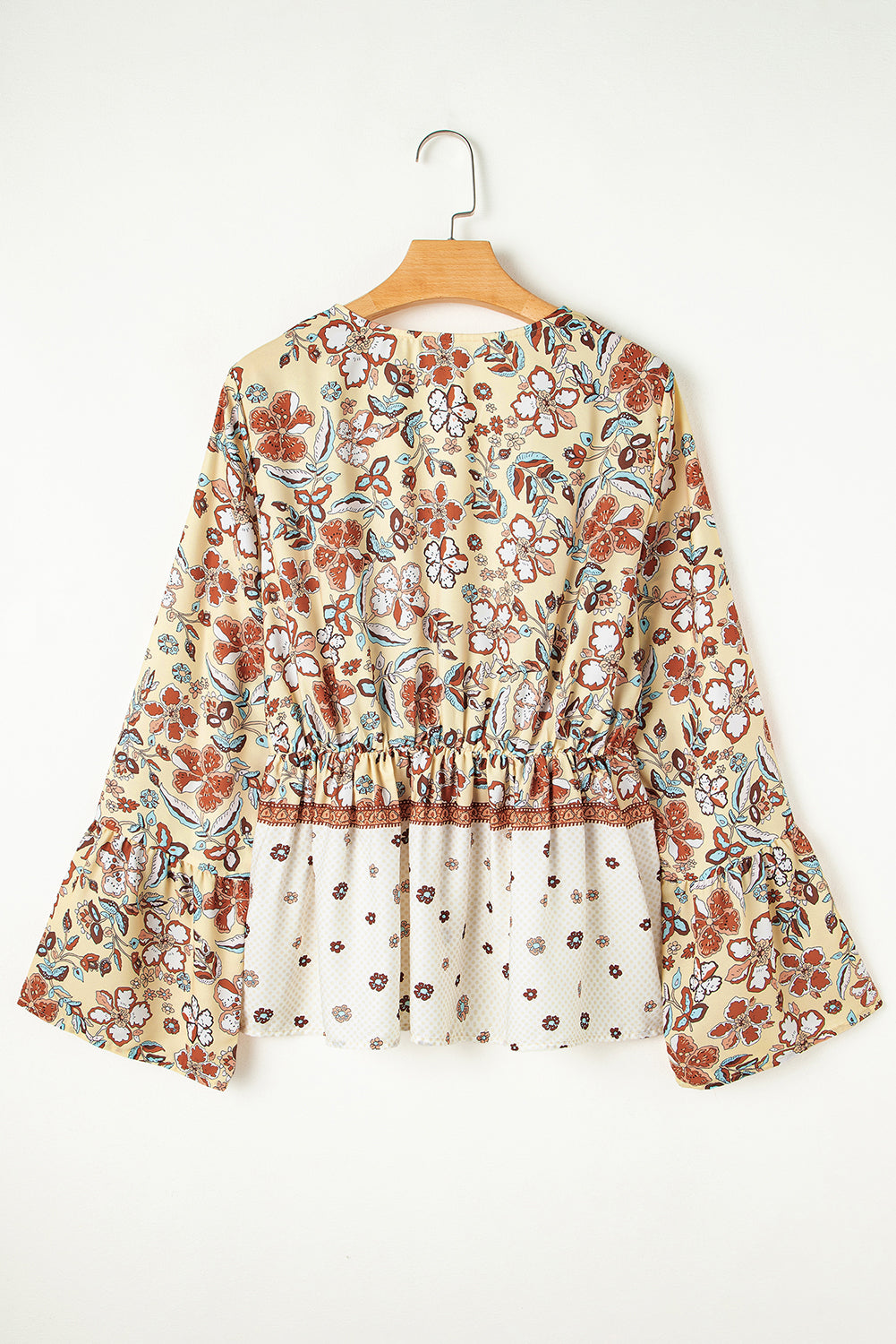 Blue Zone Planet | Yellow Printed Floral Bell Sleeve V Neck Wrapped Contrast Peplum Blouse-Tops/Blouses & Shirts-[Adult]-[Female]-2022 Online Blue Zone Planet
