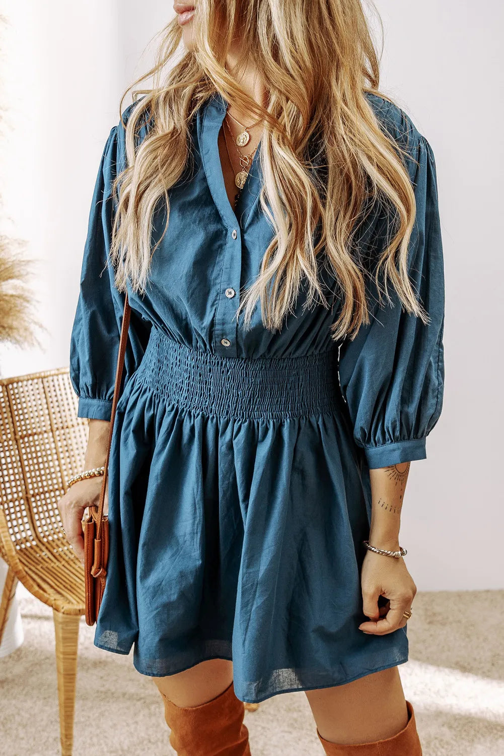 Smocked Half Button Three-Quarter Sleeve Mini Dress-TOPS / DRESSES-[Adult]-[Female]-2022 Online Blue Zone Planet