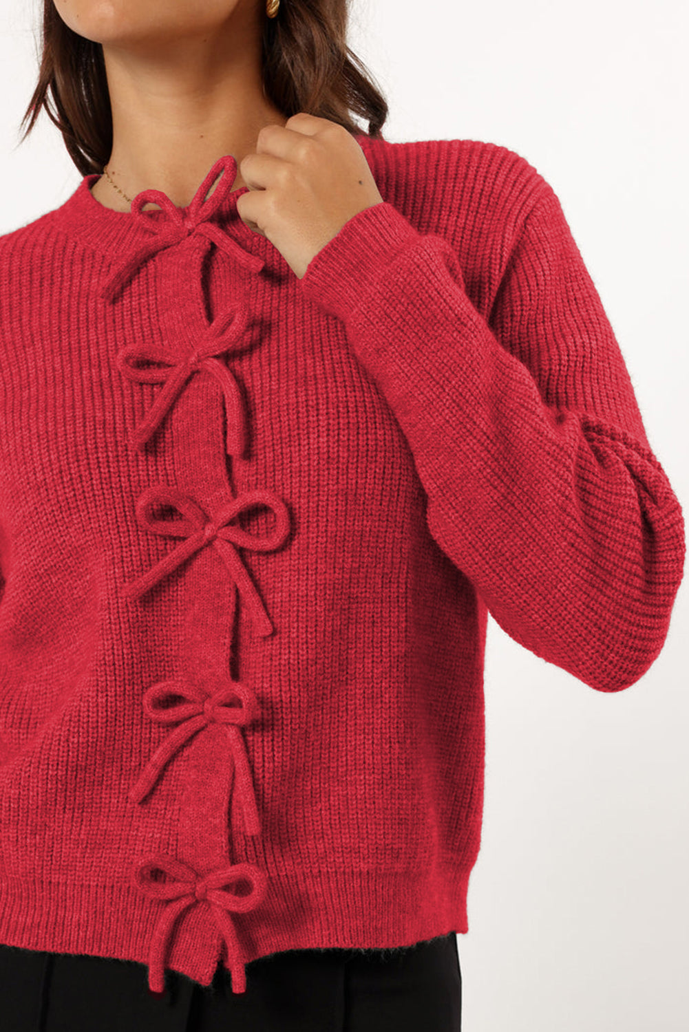 Fiery Red Sweet Bow Front Knit Cardigan-Cardigans-[Adult]-[Female]-2022 Online Blue Zone Planet