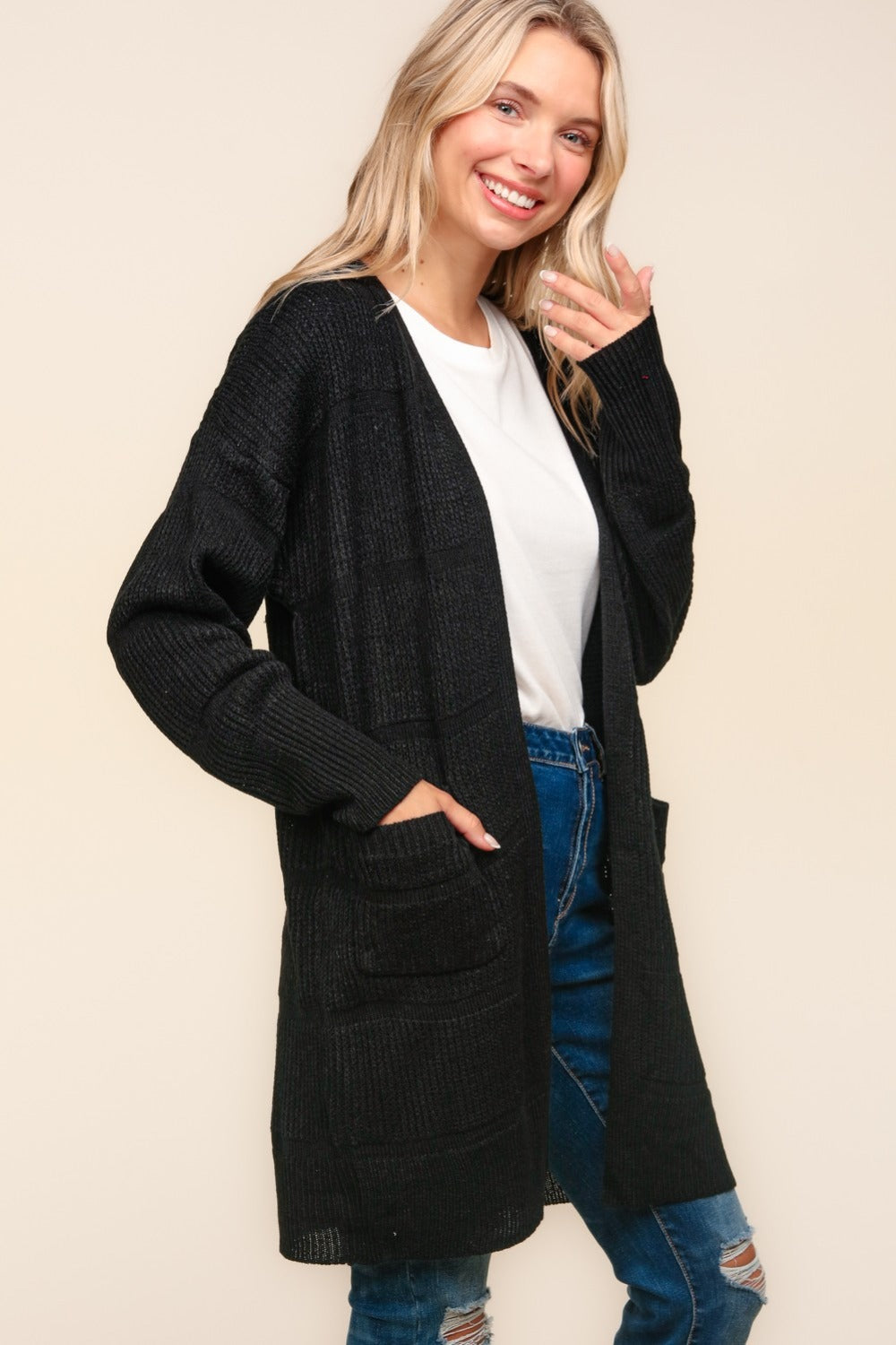 Haptics Stripe Textured Open Front Cardigan with Pockets-TOPS / DRESSES-[Adult]-[Female]-2022 Online Blue Zone Planet