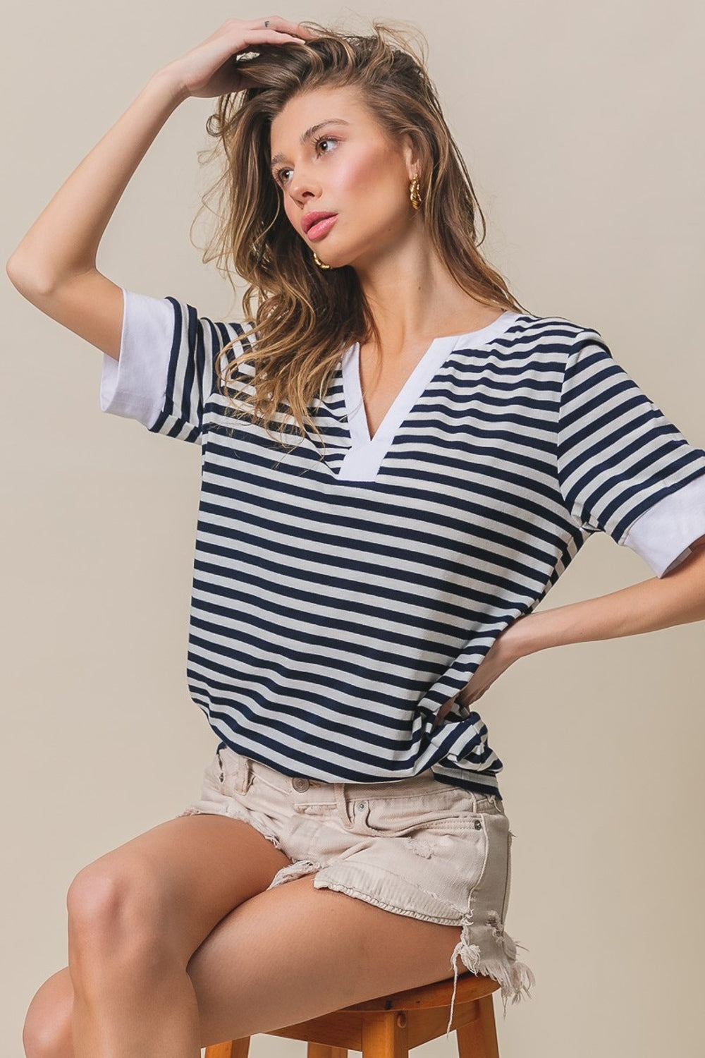 BiBi Contrast Striped Notched Knit Top-TOPS / DRESSES-[Adult]-[Female]-2022 Online Blue Zone Planet