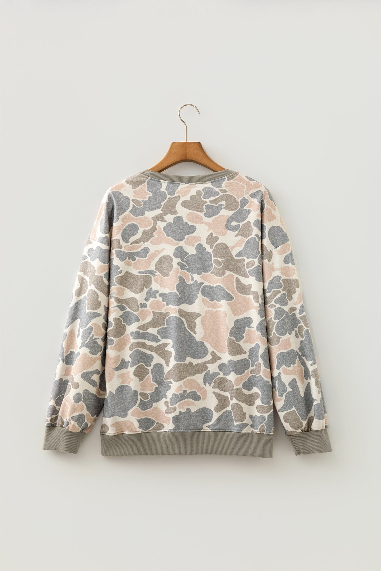 Multicolour Camo Print Ribbed Trim Casual Pullover Sweatshirt-Tops/Sweatshirts & Hoodies-[Adult]-[Female]-2022 Online Blue Zone Planet