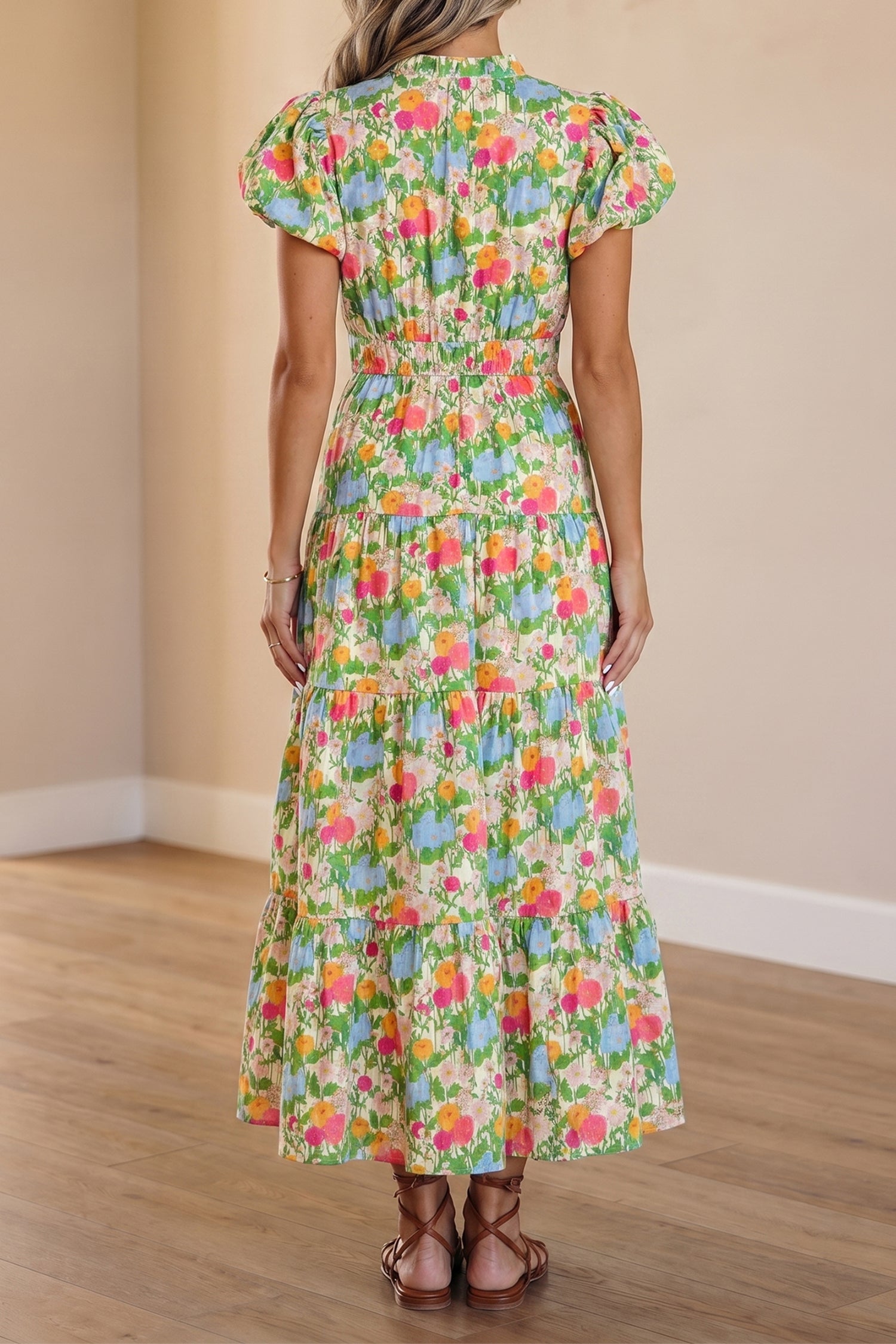 Green Floral Print V Neck Short Puff Sleeve Cotton Maxi Dress-TOPS / DRESSES-[Adult]-[Female]-2022 Online Blue Zone Planet