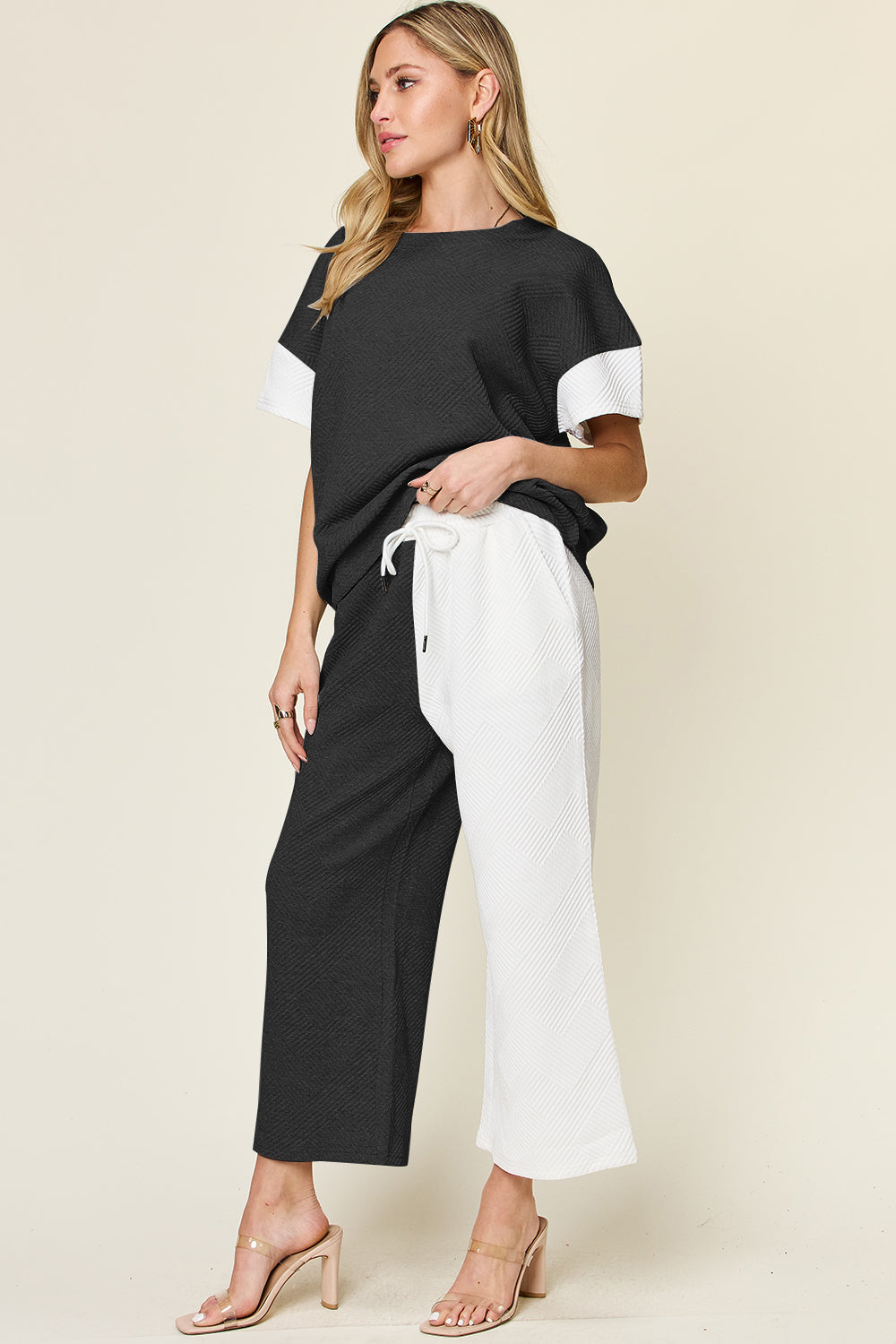 Double Take Full Size Texture Contrast T-Shirt and Wide Leg Pants Set-TOPS / DRESSES-[Adult]-[Female]-2022 Online Blue Zone Planet