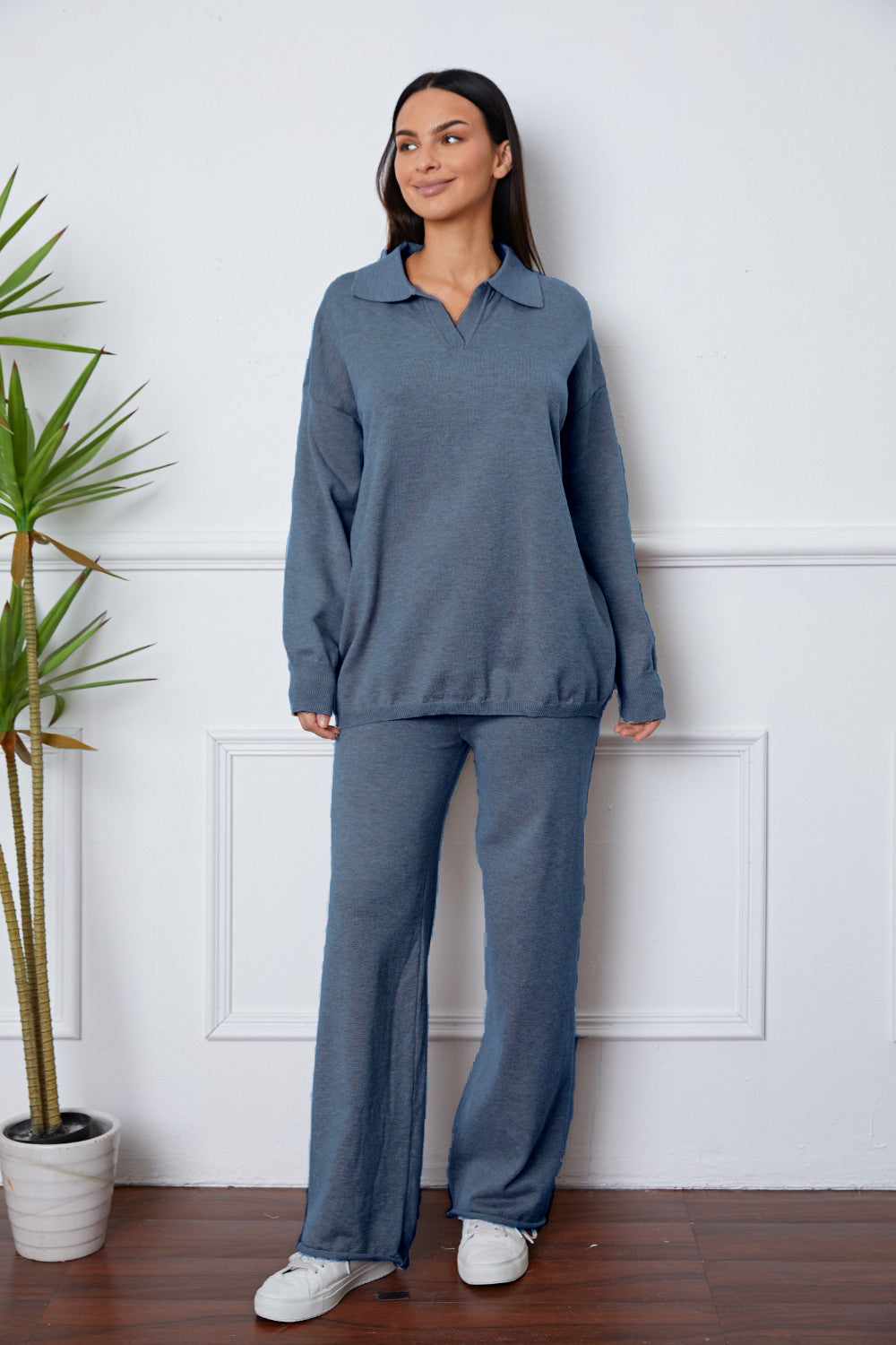 Dropped Shoulder Sweater and Long Pants Set BLUE ZONE PLANET