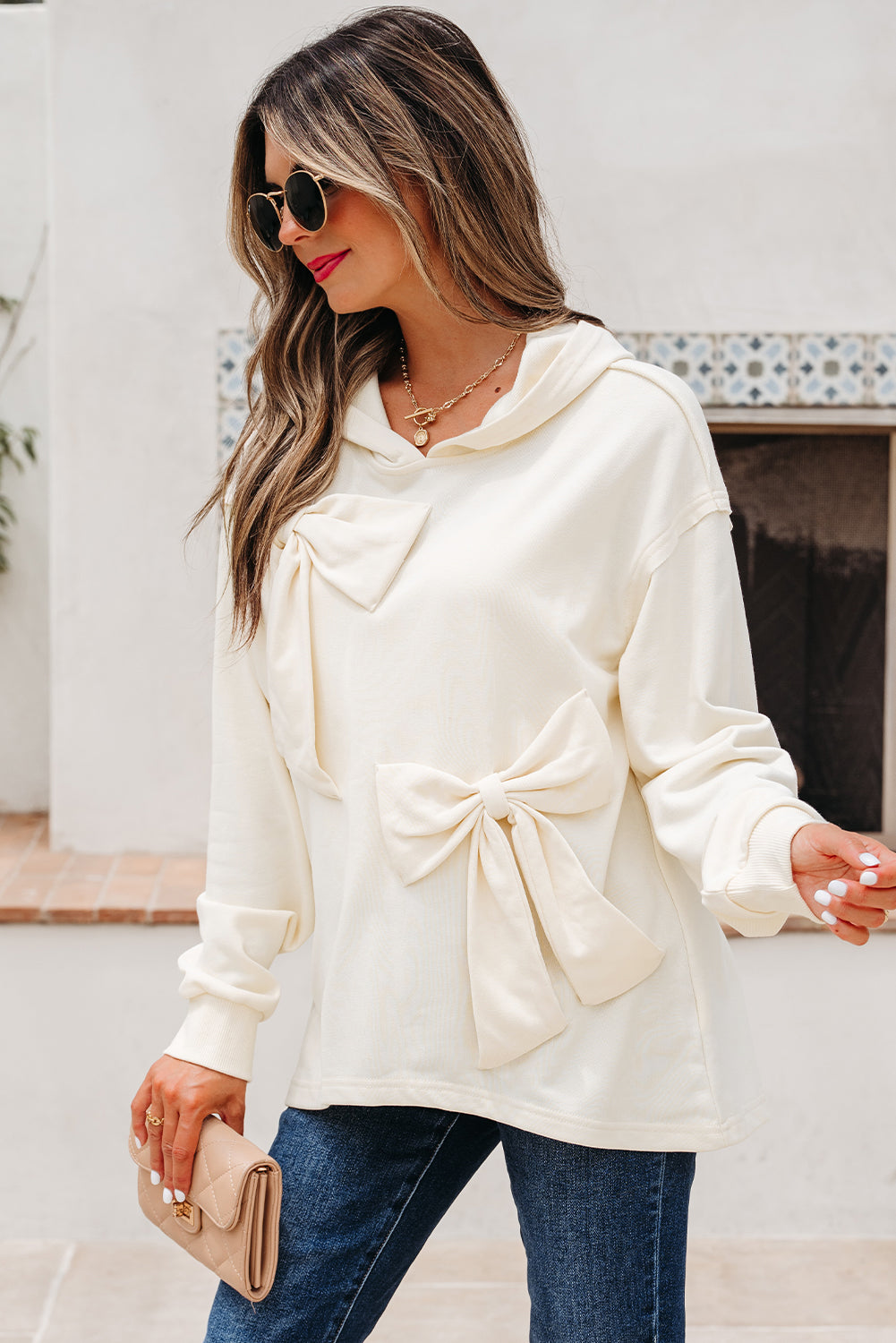 White Solid Color Cute Bow Detail Loose Hoodie-Tops / Dresses-[Adult]-[Female]-2022 Online Blue Zone Planet