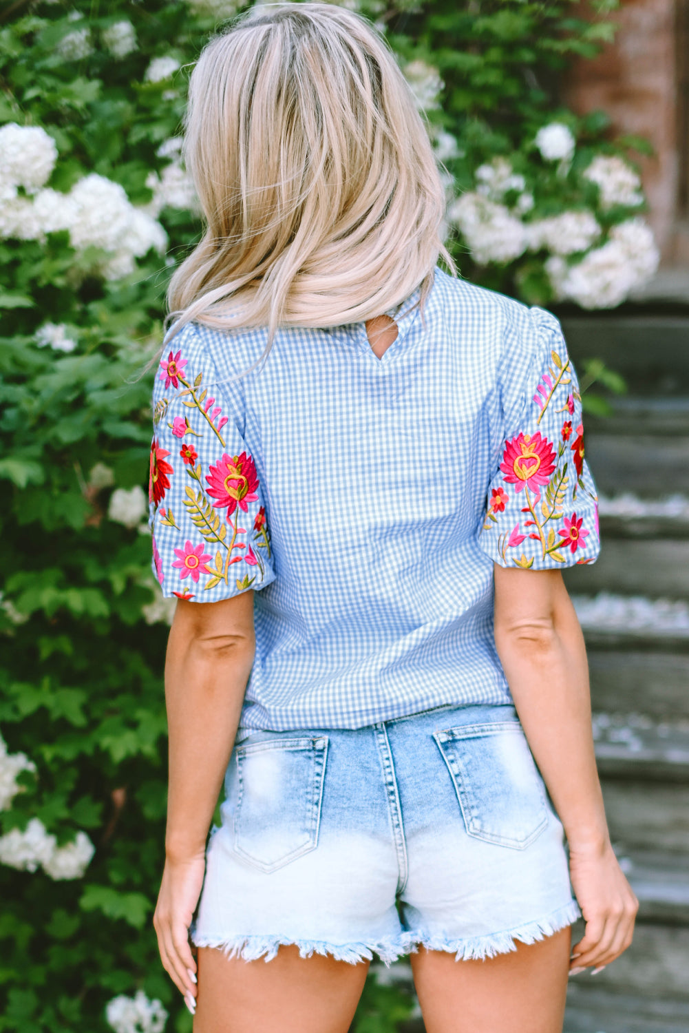 Light Blue Gingham Floral Embroidered Puff Sleeve Blouse-Tops/Blouses & Shirts-[Adult]-[Female]-2022 Online Blue Zone Planet