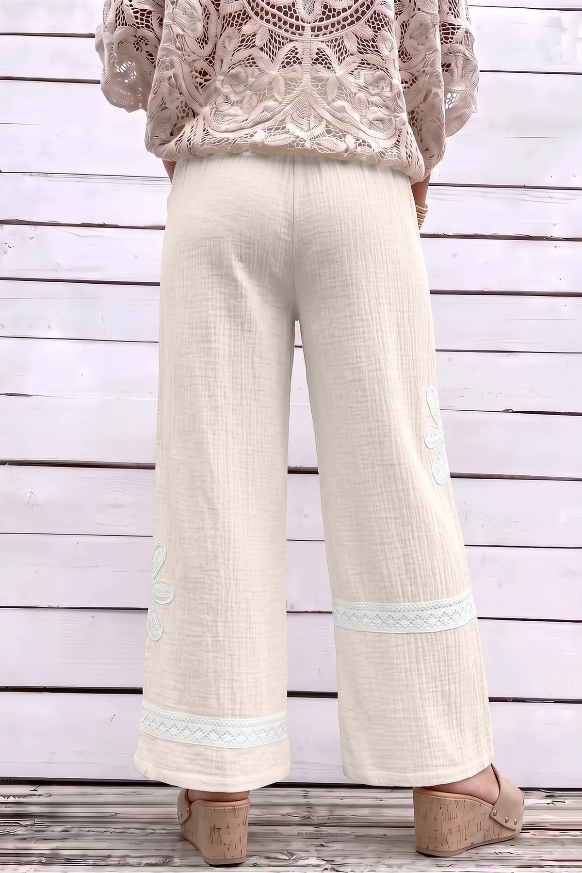 White Floral Lace Patchwork Boho Wide Leg Casual Pants-Bottoms/Pants & Culotte-[Adult]-[Female]-2022 Online Blue Zone Planet